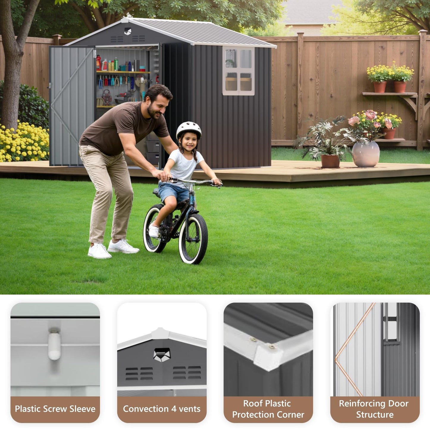 Softkiss 8x6 FT Outdoor Storage Shed, Metal Garden Shed - Tool Storage Sheds with Lockable Doors & 1 Clear Window, Waterproof Outside Storage Building for Backyard, Patio (Black; Floor Not Included)