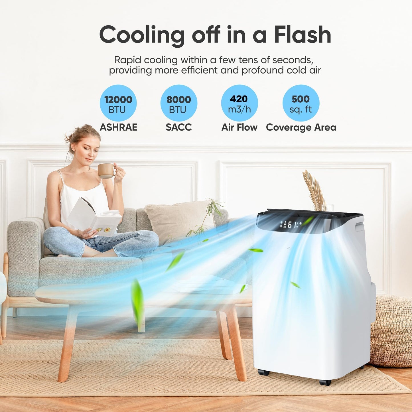 12000 BTU Portable Air Conditioners, Cools Up to 500 Sq.Ft, Free standing AC Unit, Cooling, Dehumidifier, Fan, Sleep Mode, Remote Control & Installation Kit, White