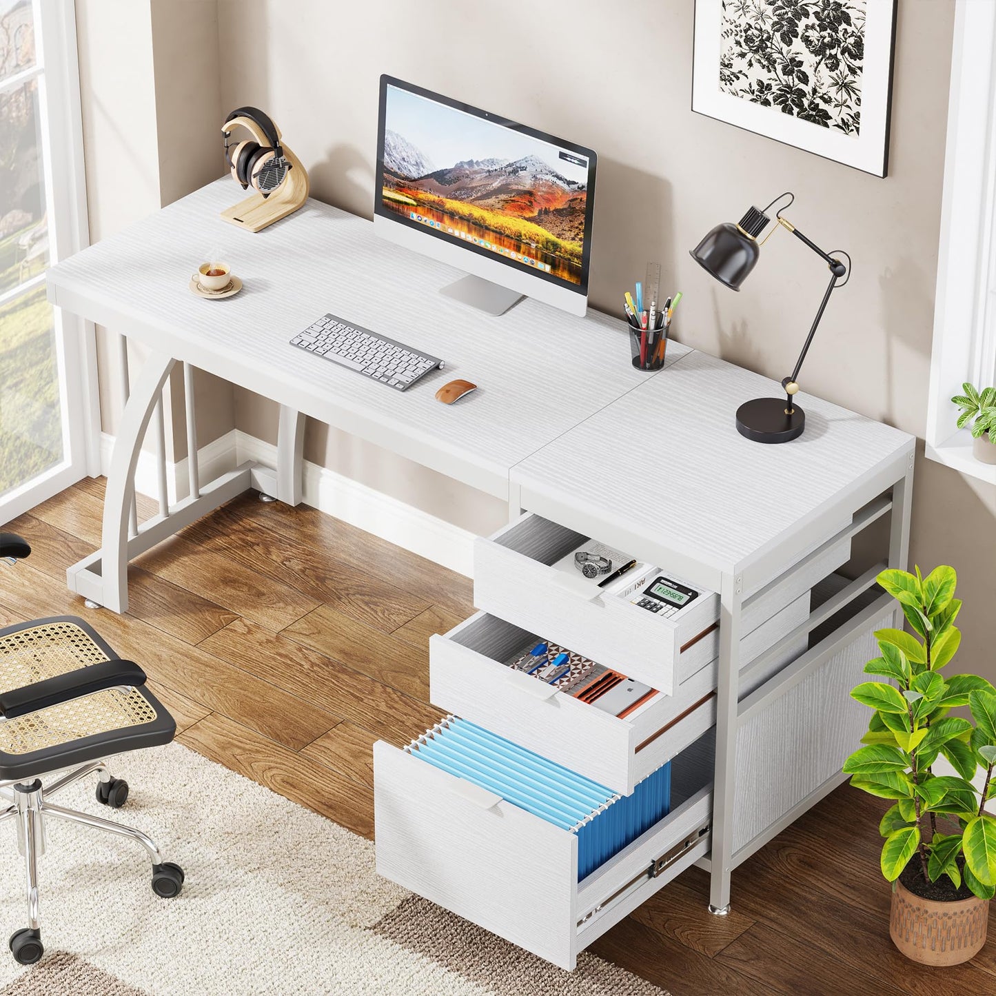 Tribesigns Computer Desk with 3 Drawers, 59-Inch PC Desk with Reversible Drawers, Industrial Study Writing Table Workstation with File Storage for Home Office, White