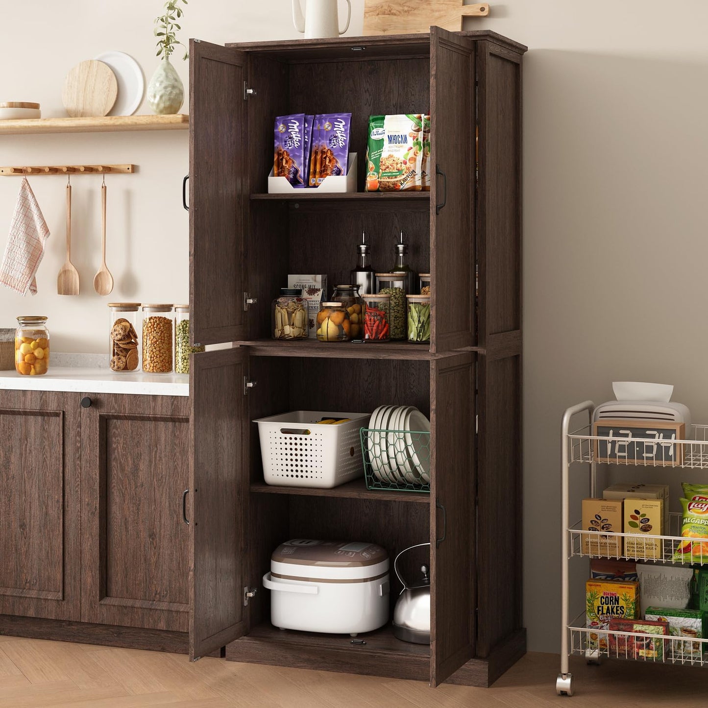 Tradare 71'' Tall Pantry Cabinet, Farmhouse Kitchen Pantry Storage Cabinet with Barn Door and Adjustable Shelves, Rustic Wood Freestanding Cupboard Storage Organizer for Kitchen, Dining Room, Brown