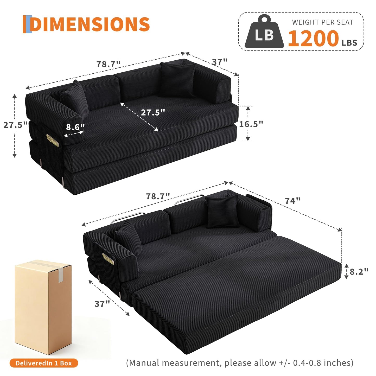 GarveeLife 78.8" Modular Corduroy Sofa Bed,5 in 1 Convertible Futon Floor Couch with Pull-Out Sleeper,Multi-Functional Futon for Living Room Guest Room & Small Spaces