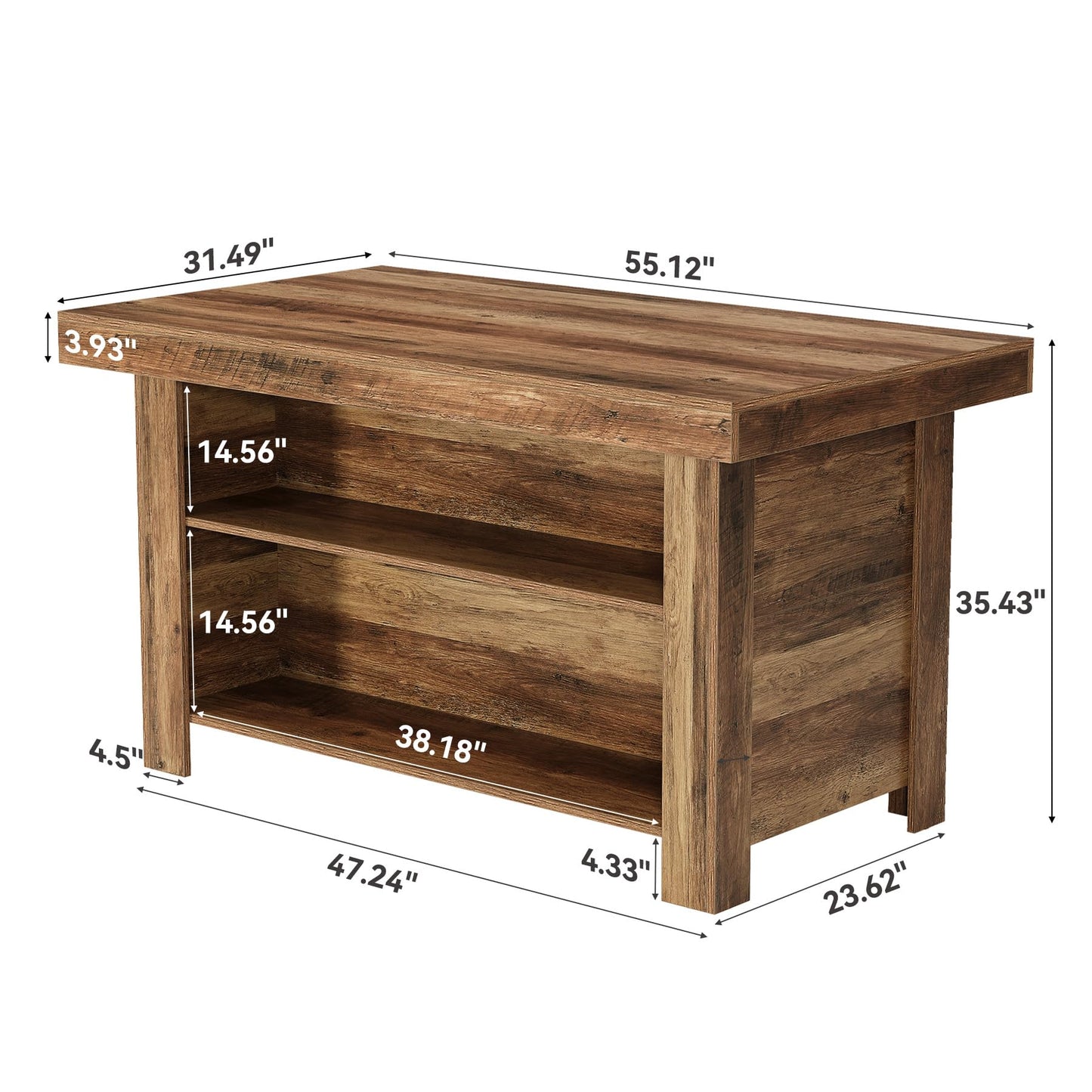 LITTLE TREE 55 Inches Kitchen Island with Storage, 3-Tier Farmhouse Wooden Stationary Island Table with Large Worktop & Leg Room, Modern Coffee Bar Table with Storage Shelf for Kitchen, Rustic Brown