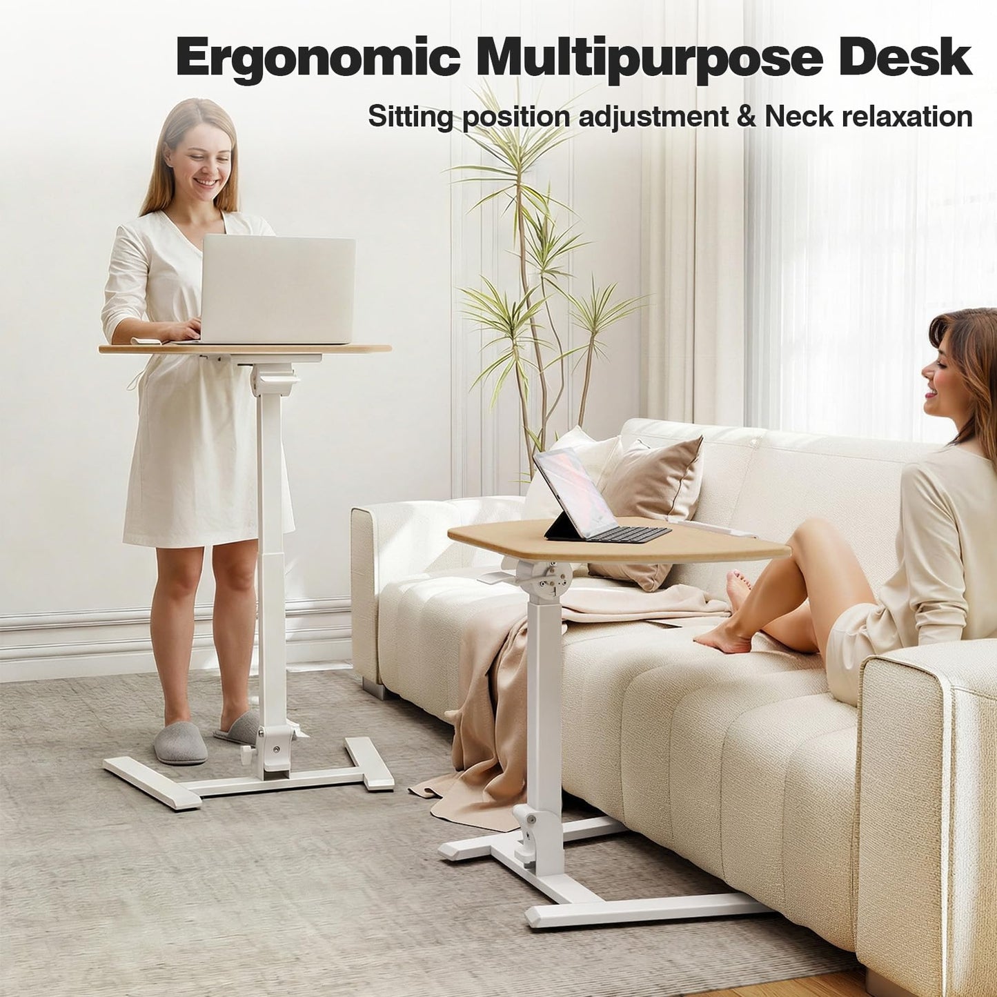 ROMOON Foldable Small Standing Desk with No-Assembly Design, Rolling Height-Adjustable Sit-Stand Table with Wheels, Space-Saving Portable Laptop Cart for Home Office and Small Space (Natural Oak)