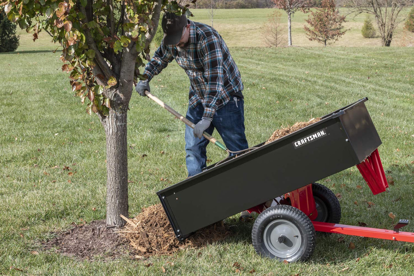 CRAFTSMAN, CMXGZBF7124355, 750-lb Capacity Steel Tow Behind Dump Cart, 12 Cubic Feet Capacity, Removable Tailgate - Garden Utility Trailer, 16” x 4” Pneumatic Tires