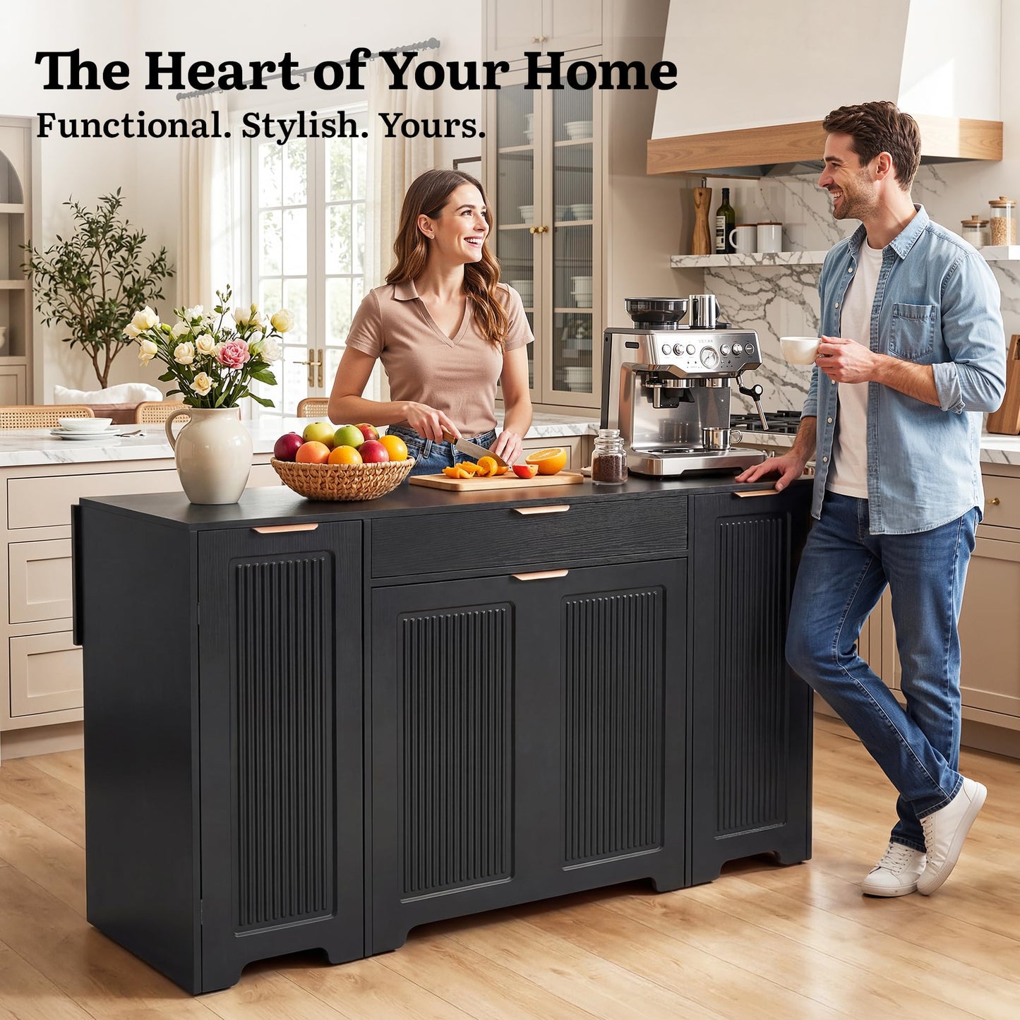 YITAHOME Expandable Kitchen Island with Hidden Trash Cabinet, 55.1" Rolling Kitchen Island with Drop Leaf, Storage Drawer & 3-Tier Side Shelves, Mobile Kitchen Island on Wheels with Towel Bar & Hooks