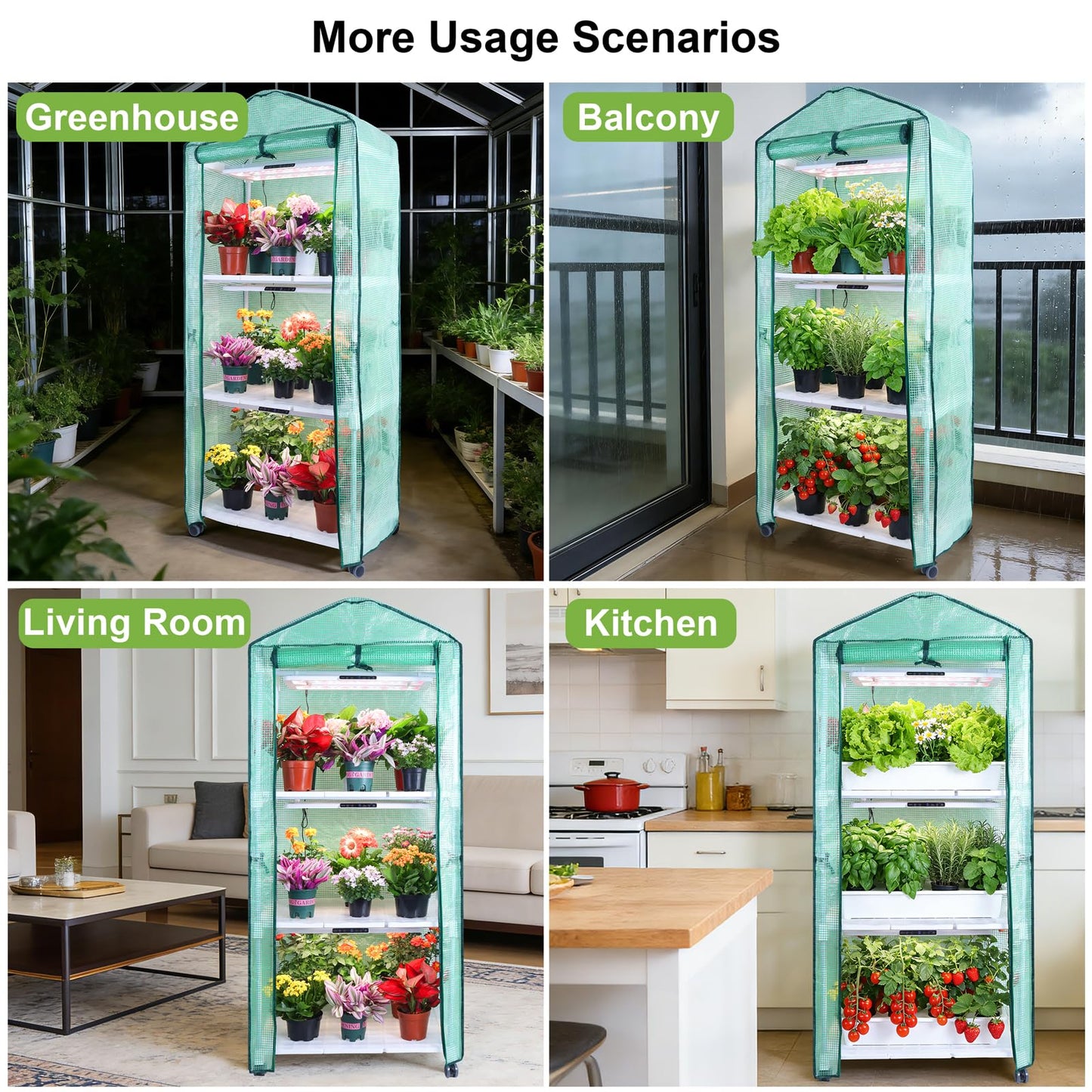 Mini Indoor Greenhouse with Grow Light, 3-Tier Portable Plant Greenhouse Cabinet with Wheels, 36W Full Spectrum LED, Waterproof PVC Tent Cover for Seed Starting, Herbs, Indoor Plants (Green, 3 Tier)