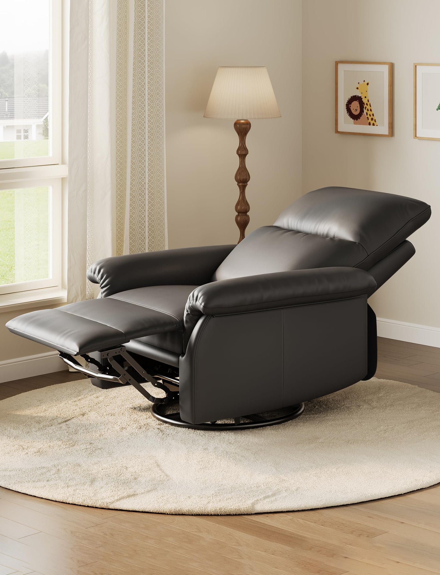 GAOMON Swivel Rocking Recliner Chair, Manual Leather Recliner Glider with Lumbar Support & Padded Armrest, Comfortable Rocker Nursery Single Sofa for Living Room and Bedroom (Black)