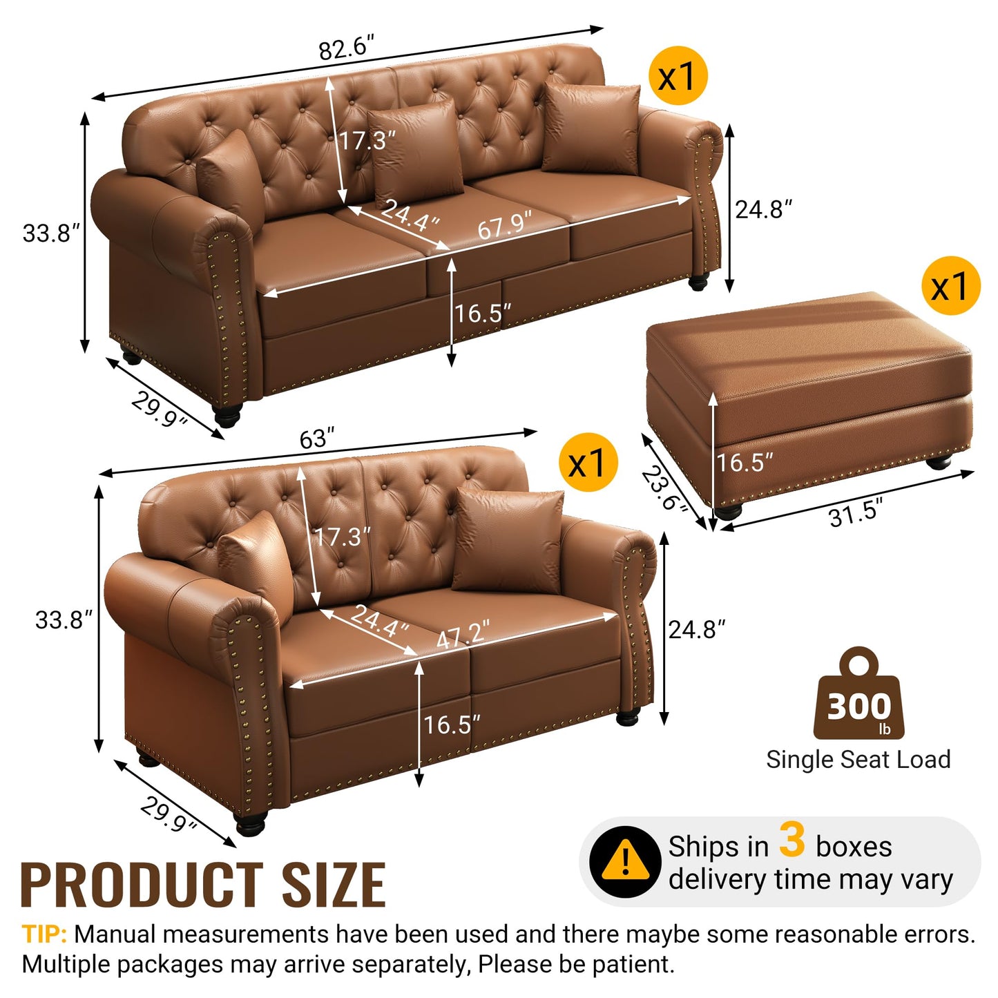 KEIKI 2-Piece Chesterfield Sofa Set with 1 Faux Leather 3-Seater Sofa & 1 Loveseat Sofa, Upholstered 5-Seater Couch Set with Nailhead Trim & Rolled Arms & 1 Ottoman & 5 Pillow, for Living Room, Brown