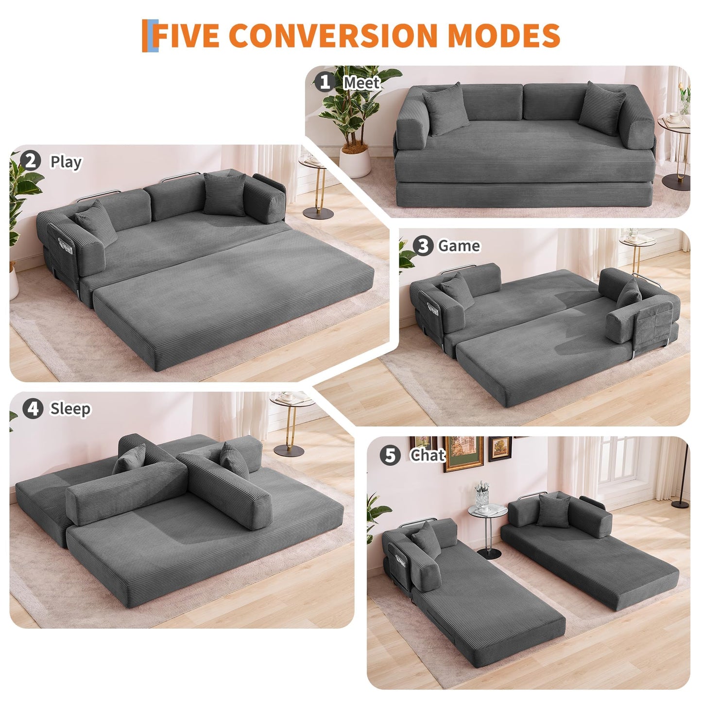 GarveeLife 78.8" Modular Corduroy Sofa Bed,5 in 1 Convertible Futon Floor Couch with Pull-Out Sleeper,Multi-Functional Futon for Living Room Guest Room & Small Spaces
