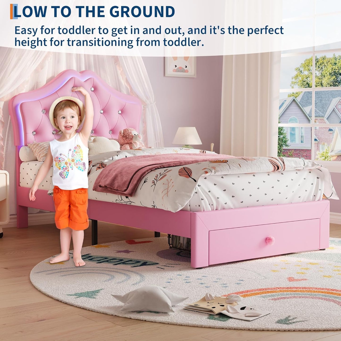 Garvee Twin XL Size Bed Frame with LED Lights & Velvet Crystal Button Headboard, Upholstered Boy Platform Bed with Storage Drawer, Noise Free, No Box Spring Needed for Kids, Teens, Pink