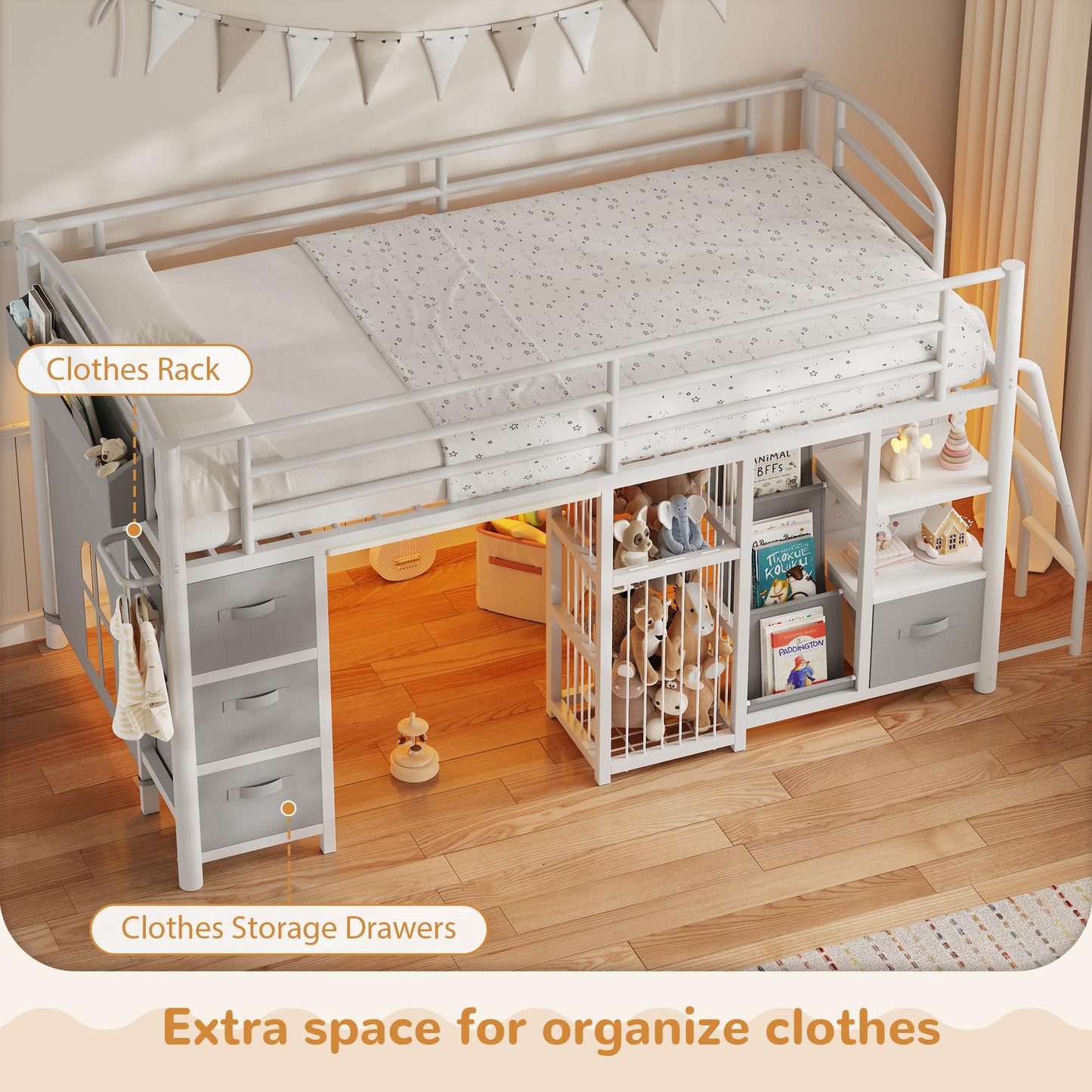 Low Loft Bed Twin Size with 4 Storage Drawers and LED Lights, Twin Loft Bed with Sling Bookcase & Toy Storage, Kids Twin Beds with Anti-Collision Pad & Play Curtain, Under-Bed Play Space, White+Grey