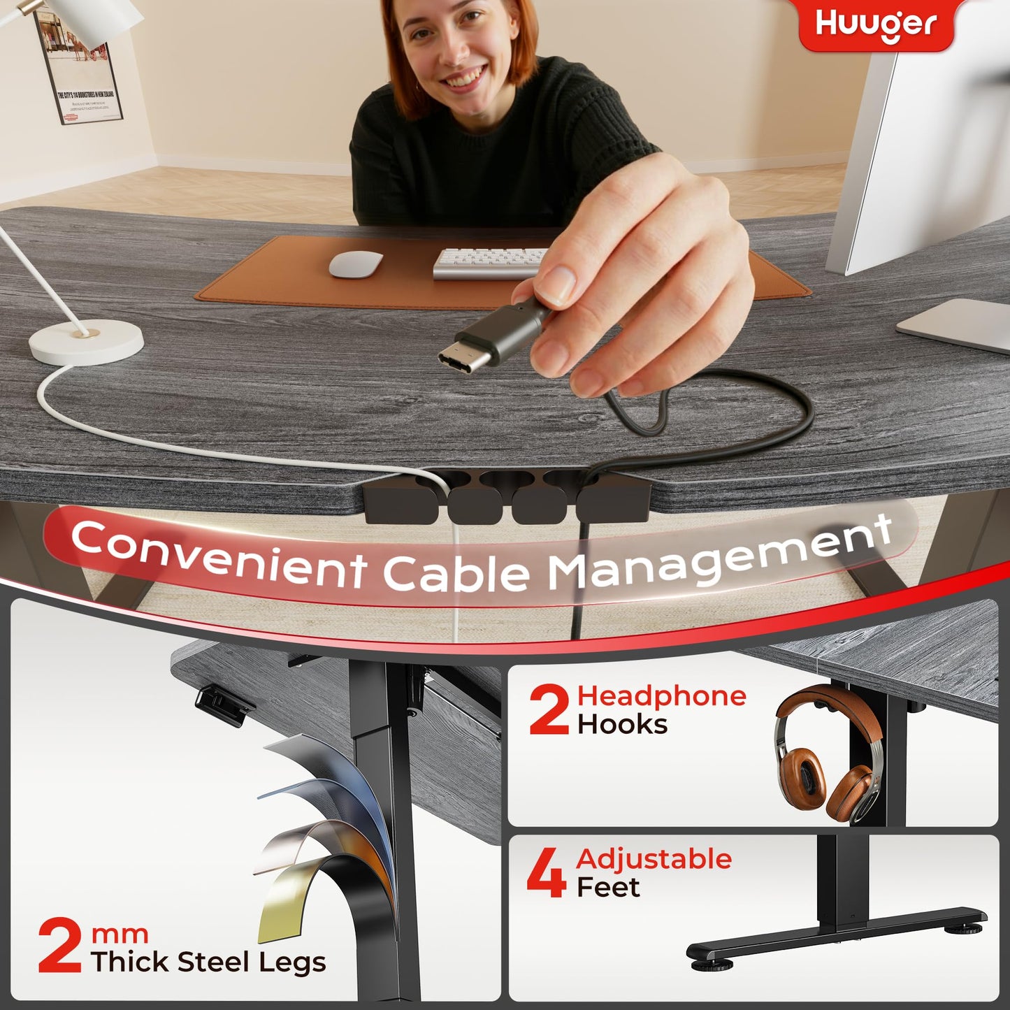 Huuger Electric Standing Desk with Power Outlets and USB-C Port, 55 X 24 Inch Height Adjustable Desk, Sit Stand Desk for Home Office, Computer & Gaming Desk with 4 Presets, Stable Steel Frame, Grey