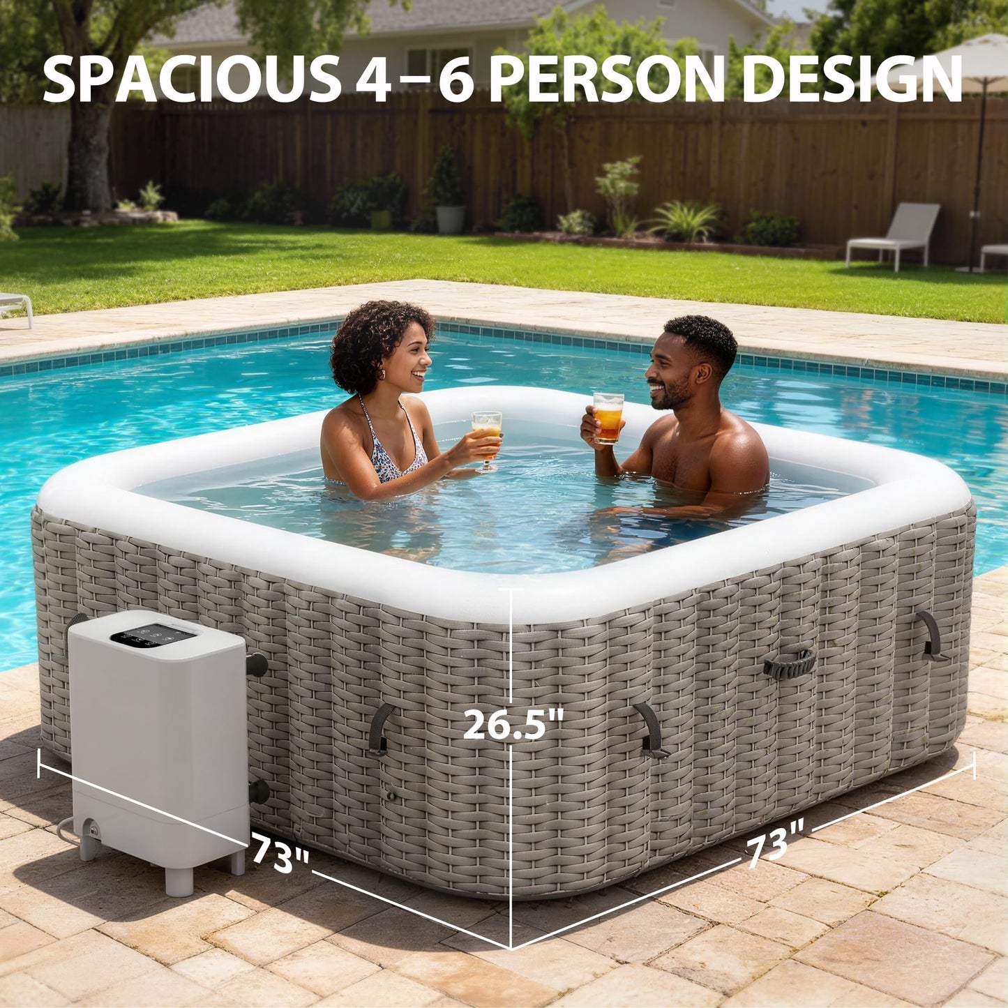 BTMWAY Inflatable Hot Tub, 4-6 Person, 73" Square Portable Outdoor Spa with External Pump, Insulated Cover and 6 Replaceable Filters,130 Soothing Bubble Jets, 110-120V