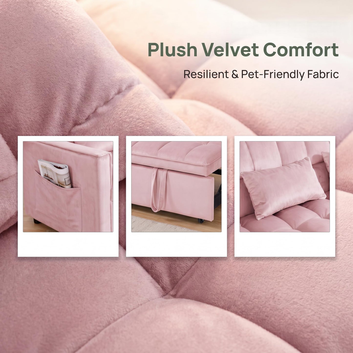 NicBex Sleeper Sofa Bed, Pull Out Couch Bed with Adjustable Backrest, Velvet Fabric Sleeper Sofa with Side Pocket, Convertible Loveseat Sleeper Sofa for Small Space, Living Room, Bedroom, Pink