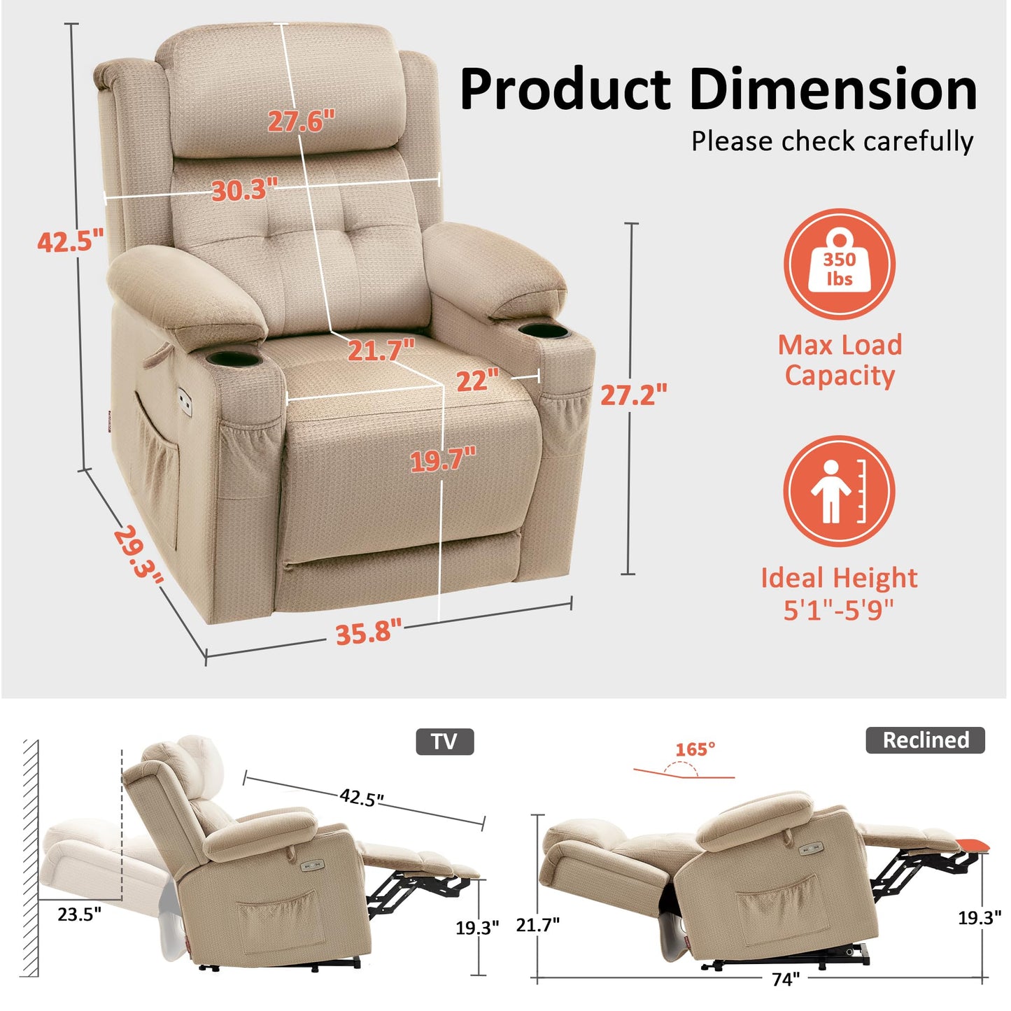 MCombo Medium Triple Motor Power Lift Recliner Chair with Massage and Heat for Elderly People, Adjustable Headrest, Infinite Position, USB Ports, Fabric 7661 (Beige, Medium)