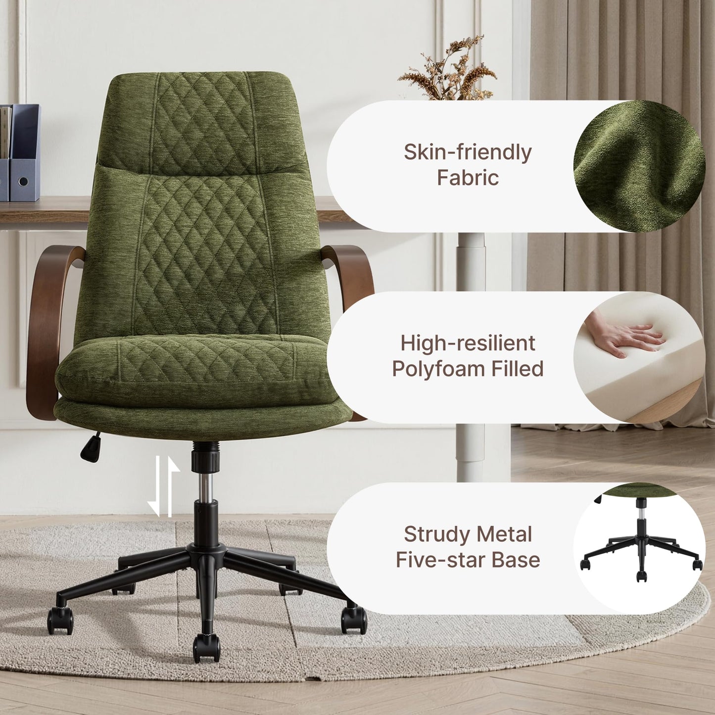 KISLOT Home Office Desk Chair, Ergonomic Office Chair with Lumbar Support, Adjustable Swivel Computer Chair with Wheels, Fabric Executive Task Chair with Wood Arms, Moss Green