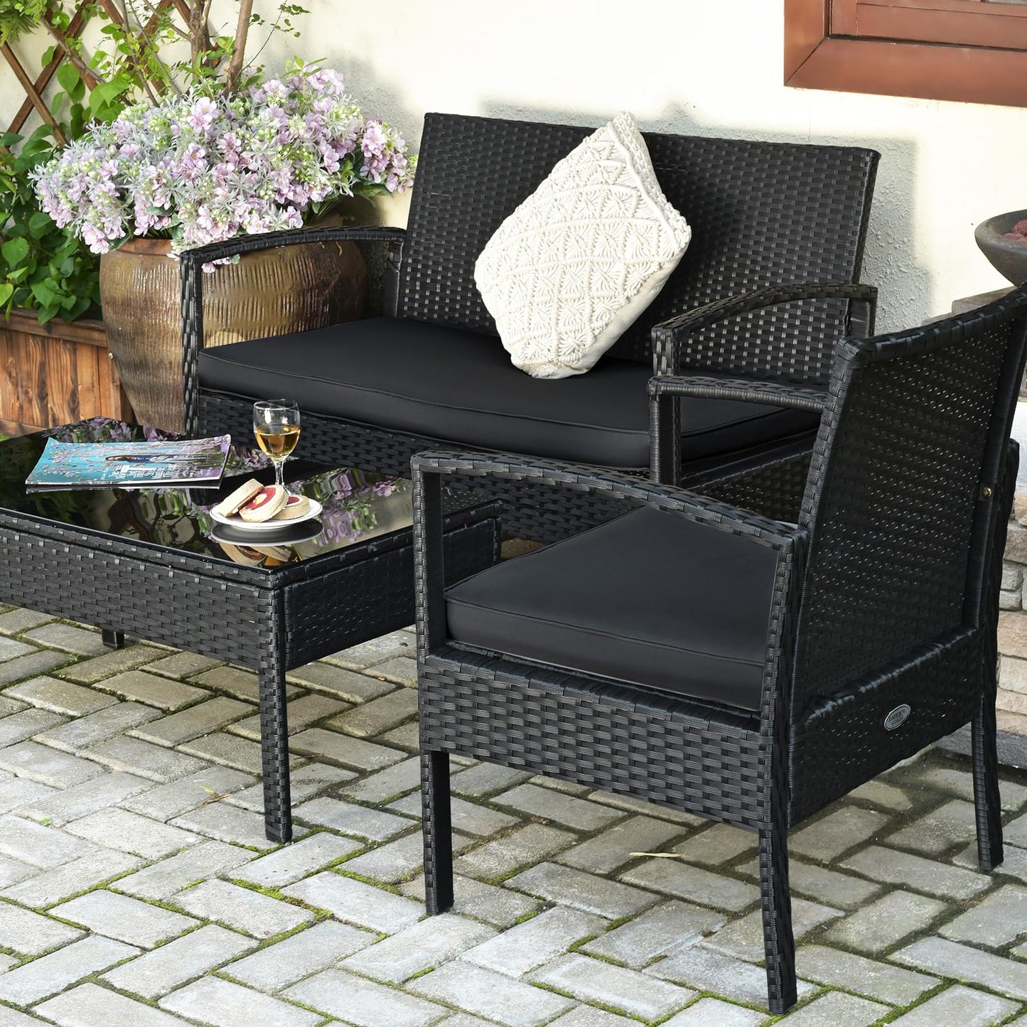 Tangkula 4 Pieces Wicker Patio Conversation Furniture Set, Outdoor Rattan Chair and Table Set, Patio Furniture Sets with Coffee Table & Washable Cushions for Courtyard Balcony Garden