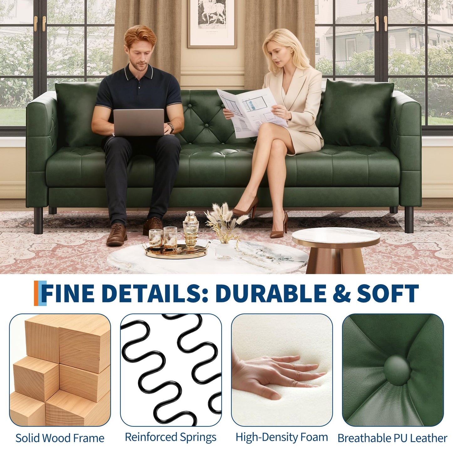IDEALHOUSE Mid Century Modern Leather Sofa 81 inch, 3 Seater Chesterfield Couch with Deep Seats, Button Tufted Back, Faux Leather Living Room Sofa with 2 Pillows for Apartment Office, Green