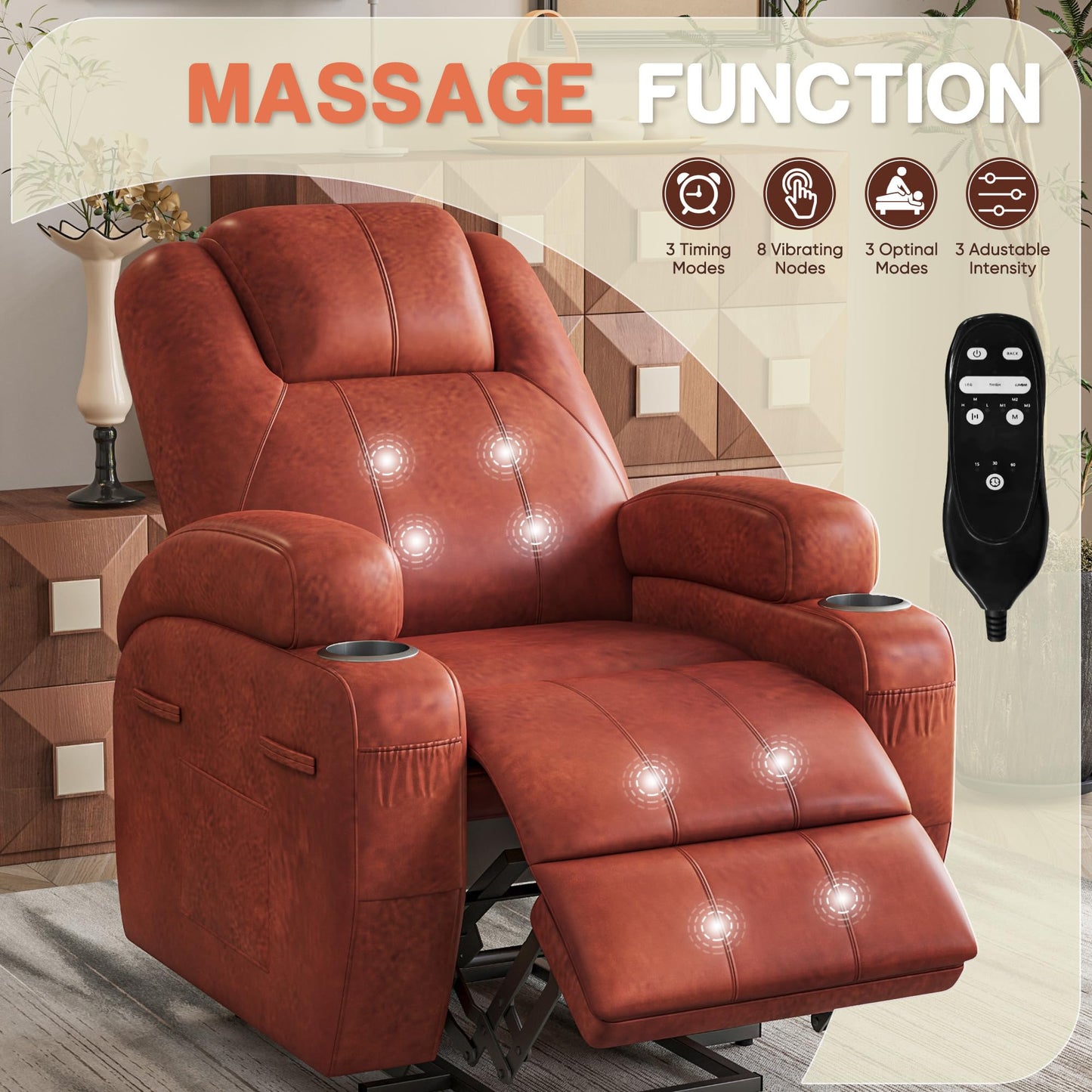 Furmax Electric Power Lift Recliner Chair with Massage for Elderly Corduroy Fabric Recliner Single Sofa with Cup Holders, Side Pockets and Remote Control for Living Room Bedroom (Leathaire, Brown)