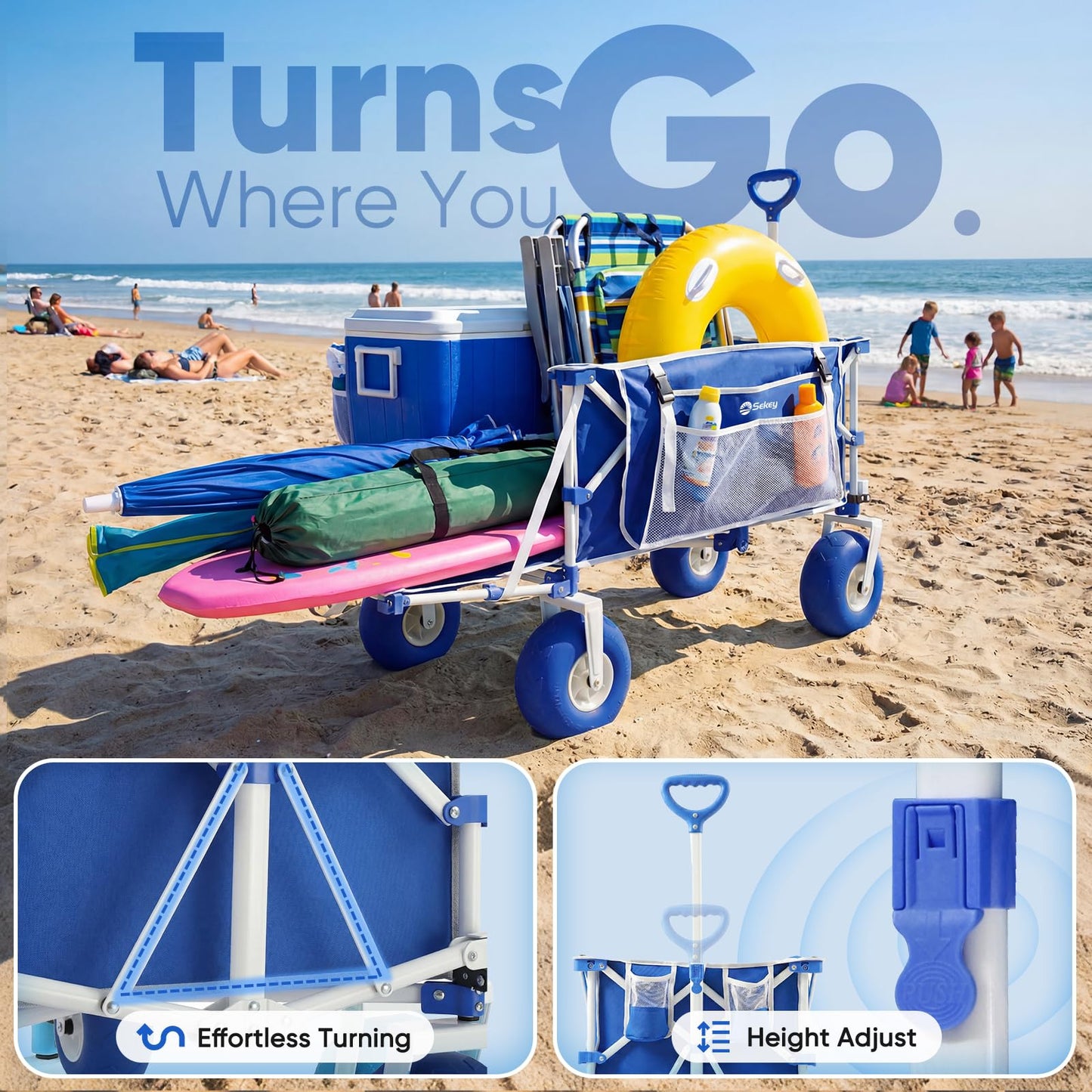 Sekey Heavy Duty Beach Wagon with 9" Big Sand-Proof Wheels, 300L Oversized Foldable Beach Cart with Cooler| Adjustable Handle & Balloon Tires for Sand, Camping,Vacation