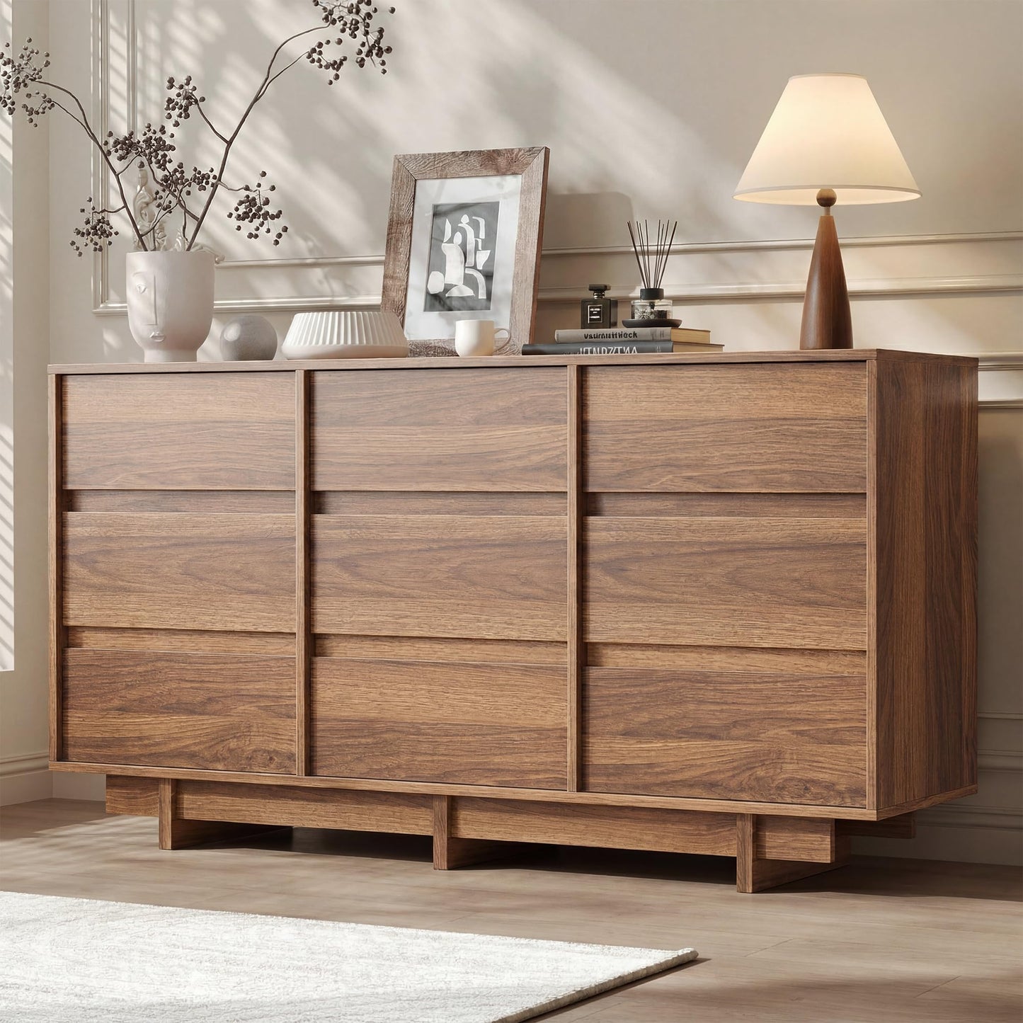CHUWELL 59" Wide Dresser for Bedroom,Walnut Mid Century Modern Dressers with 9 Drawers, Adequate Capacity Storage,Closet Clothes Organizer for Bedroom