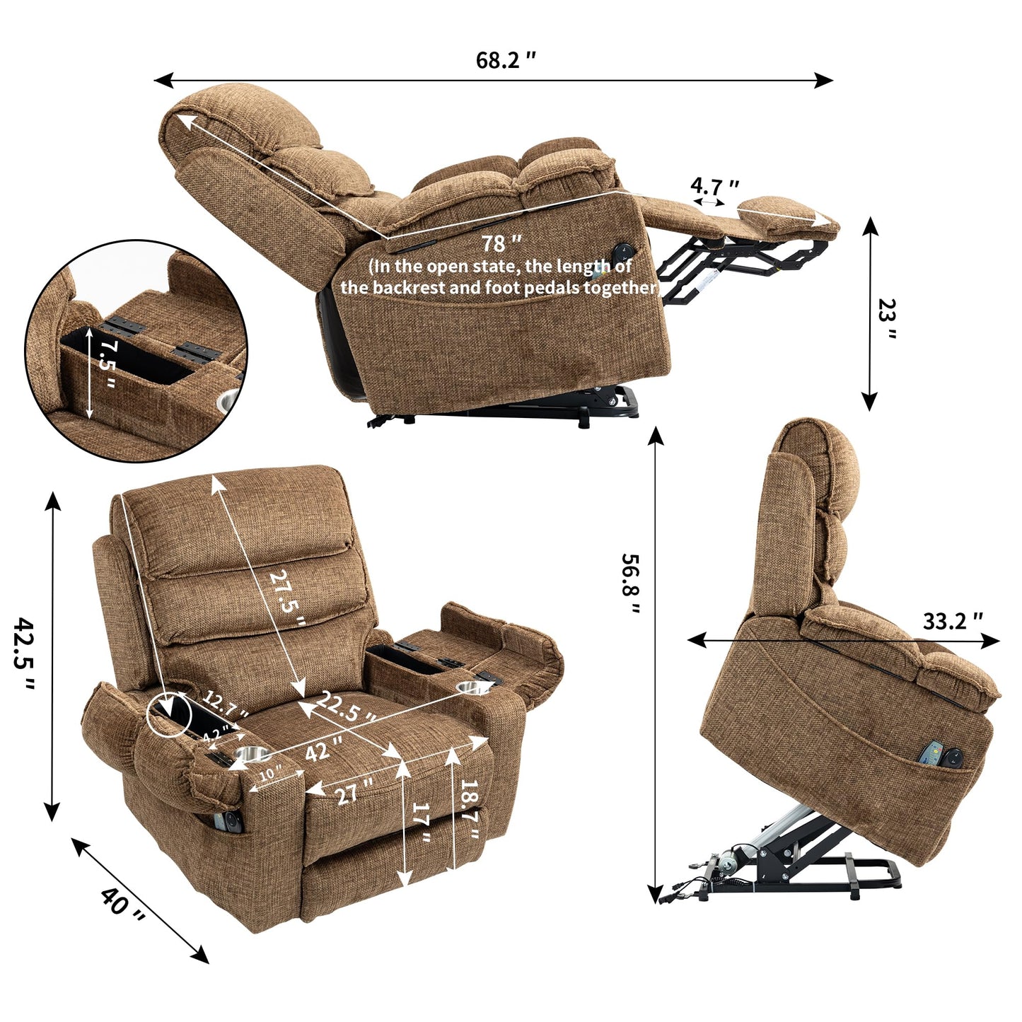 GDFStudio Lay Flat Power Lift Recliner Chair with Heat Massage Dual Motor Infinite Position Recliner USB and Type C Charging Cup Holders for Living Room Bedroom, Brown