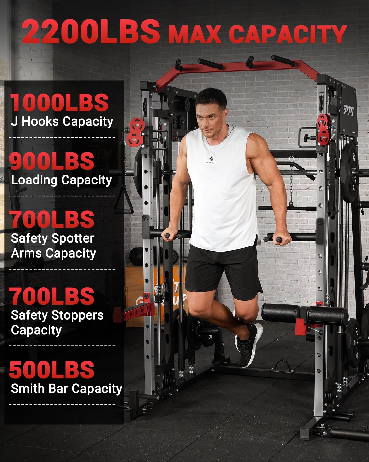 GarveeLife Smith Machine Home Gym All in One, 2200 LBS Squat Rack Power Cage with Smith Bar, LAT Pull-Down, Cable Systems, Leg Hold-Down and More Attachments, Workout Equipment (Red Black)