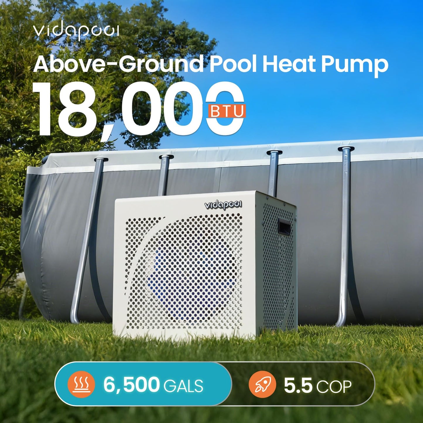 Vidapool 18,000 BTU Swimming Pool Heater 7.5 COP Electric Pool Heat Pump for Above Ground and Inground Pools Heating and Cooling Smart WiFi Control Pools Up to,6500 Gallons