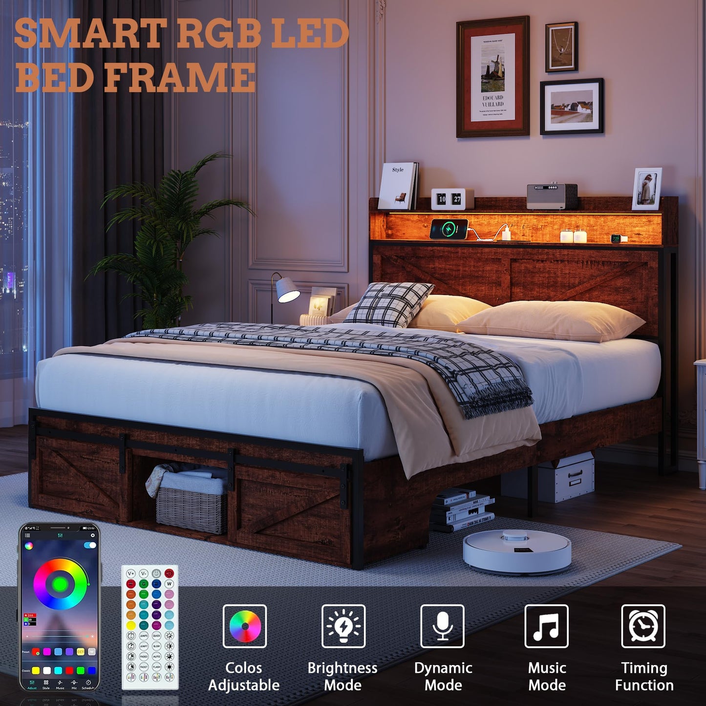 KEIKI Full Size Bed Frame with Storage Headboard, Wood Platform Bed with Charging Station & Footboard Drawers, Sturdy Metal Slats, Noise-Free, No Box Spring Needed, Brown