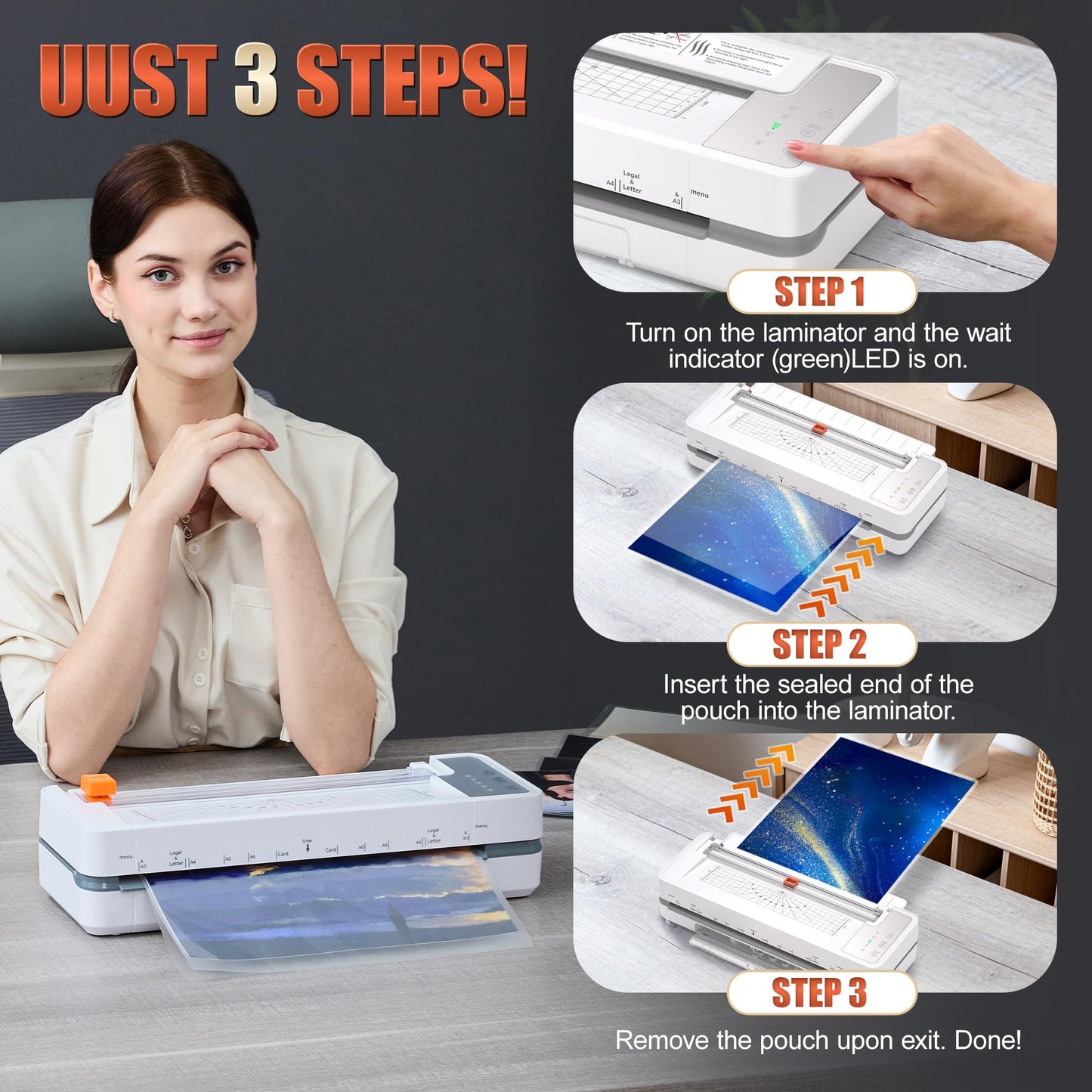 13" Heavy-Duty 4-Roller Laminator Machine, Fast 55s Warm-Up, 3-10 Mil A3/11x17 Laminating Machine, 1000mm/min Speed, Auto-Reverse Jam Prevention, Includes 30-Sheets for Office & School(White)