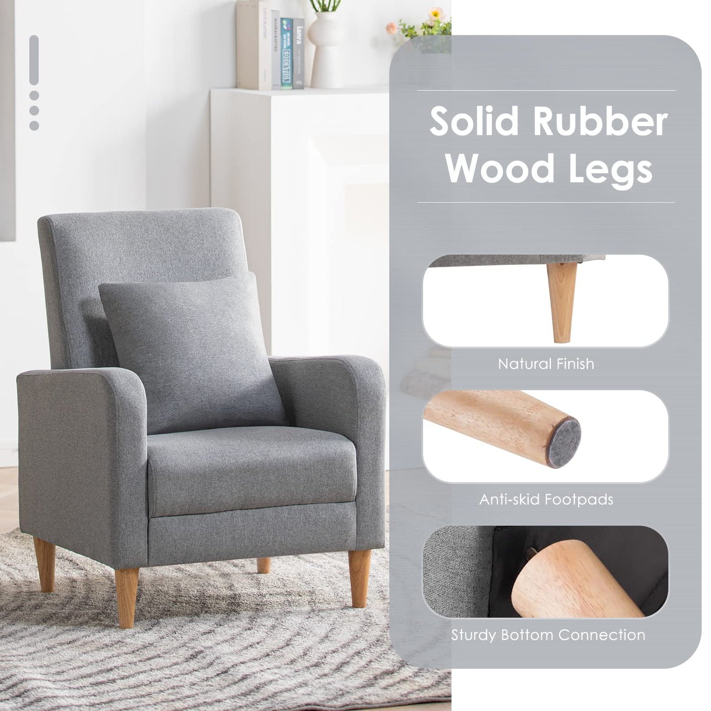 COLAMY Fabric Accent Living Room Chairs Set of 2, Upholstered Arm Chair Reading Side Chair, Single Sofa with Back Pillow and Wood Legs, Light Grey