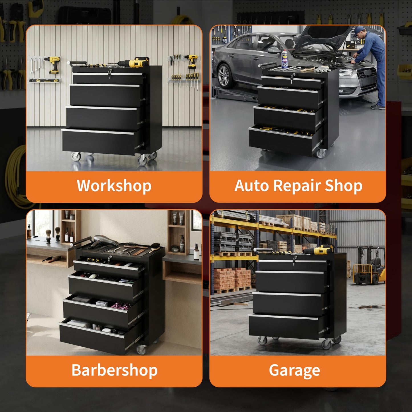 SierraSquad Rolling Tool Chest, 4-Drawer Tool Storage Cabinet, Tool Box with Wheels, Lock System and Drawer Liners, Tool Cart for Warehouse, Workshop and Repair Shop, Black