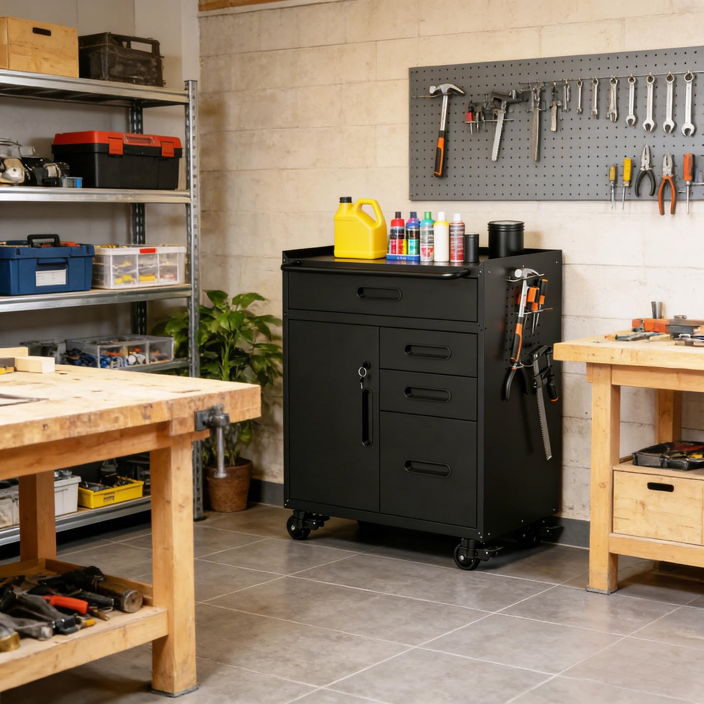 EKJ Metal Garage Storage Cabinet on Wheels, Lockable Rolling Tool Cabinet with Doors and 4 Drawers, Heavy Duty Mobile Steel Cabinet for Garage Warehouse Workshop