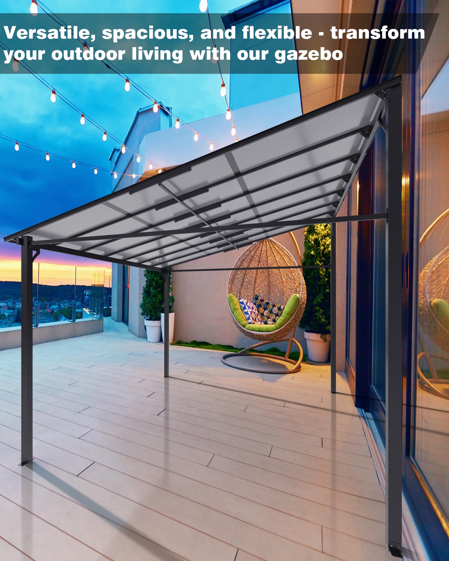 GarveeLife 10 ft x 12 ft Lean to Gazebo, Hardtop Wall Pergola with Polycarbonate Roof, Aluminum Frame Mounted Gazebo for Lawn Patio Deck Yard and Party