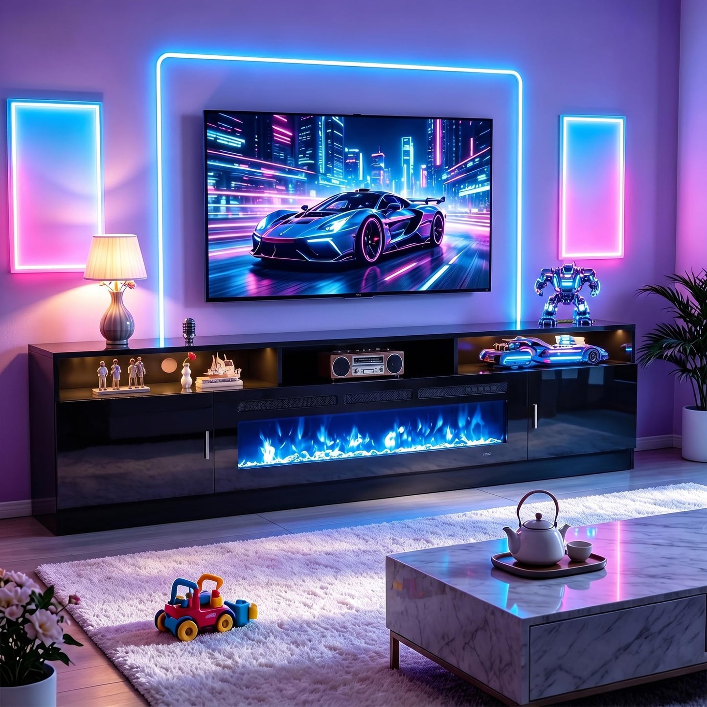 OneBlis 80" Fireplace TV Stand with Power Outlet for TVs UP to 90", Electric Fireplace Entertainment Center with LED Lights & Storage Cabinets, TV Console for Living Room, Office, Black-Black