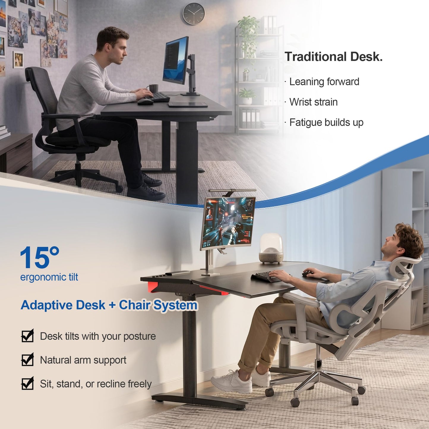 Klobel Electric Standing Desk 55” with 15° Tilting Desktop, Sit Stand Ergonomic Desk for Home Office & Gaming, 4 Motor Adjustable Desk, Memory Presets & Cable Management Black