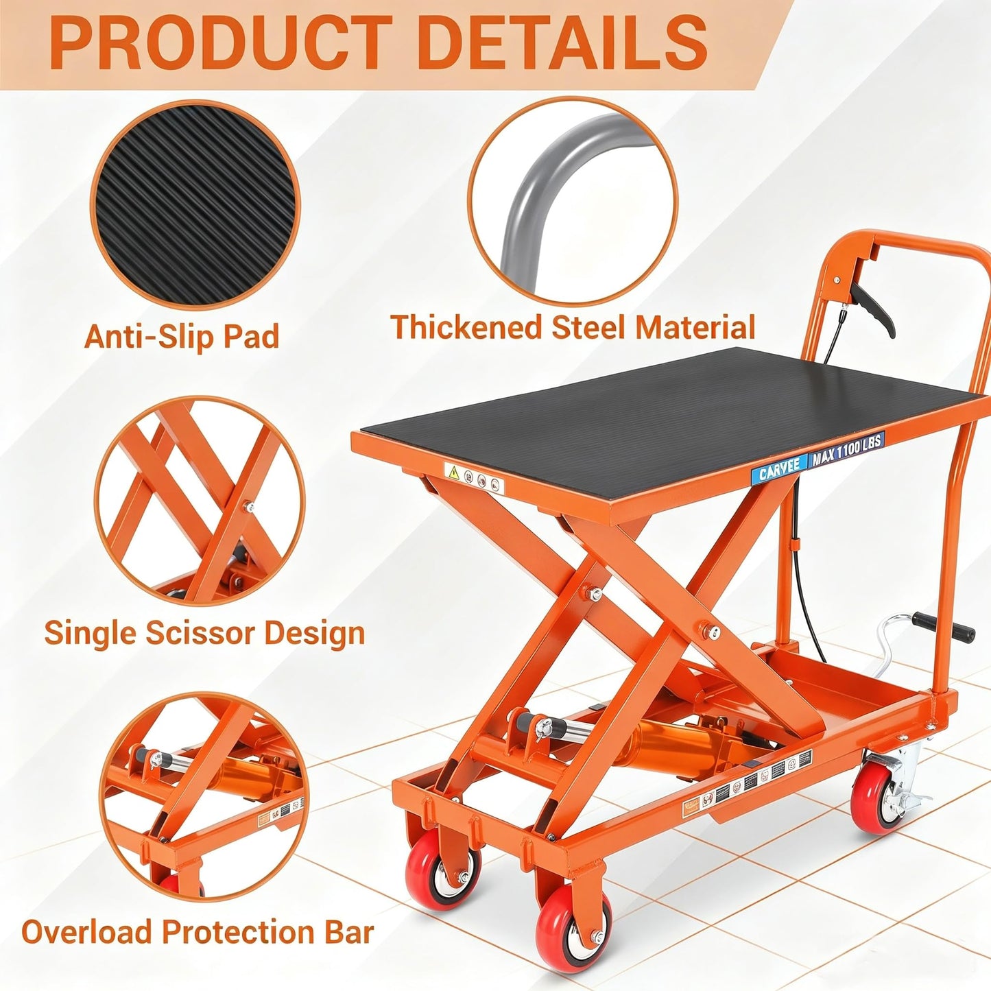 Garvee Hydraulic Lift Table Cart, 500 LBS Capacity 28.5 in Lifting Height Single Scissor Lift Table with 4 Swivel Wheels & Non-Slip Pad, for Material Handling and Transportation, Orange