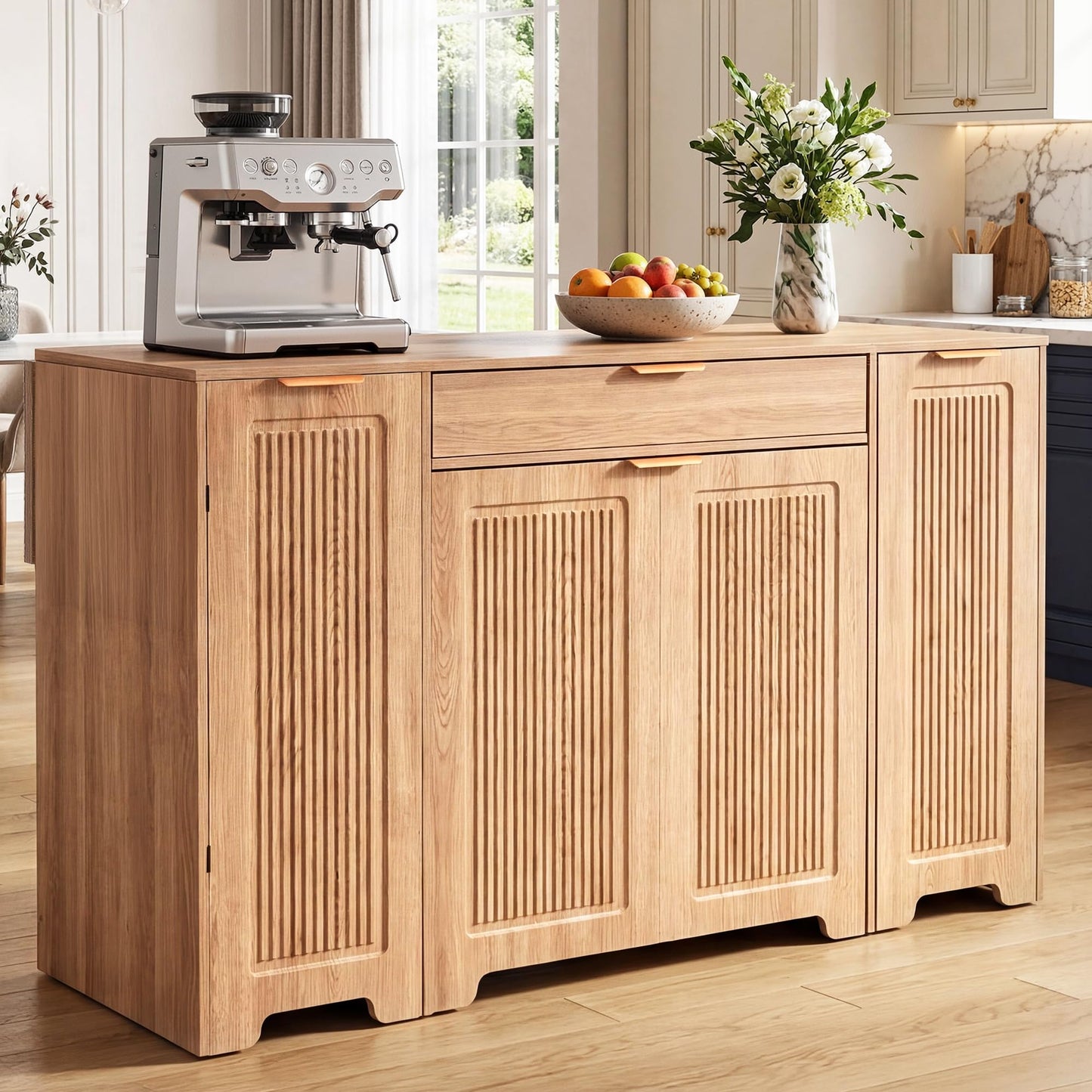 YITAHOME Expandable Kitchen Island with Hidden Trash Cabinet, 55.1" Rolling Kitchen Island with Drop Leaf, Storage Drawer & 3-Tier Side Shelves, Mobile Kitchen Island on Wheels with Towel Bar & Hooks