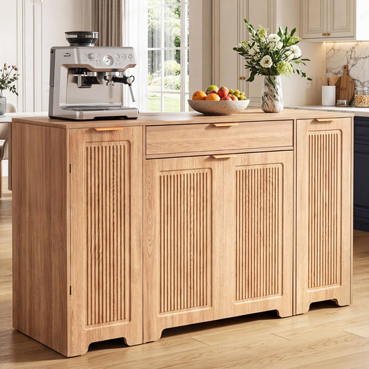 YITAHOME Expandable Kitchen Island with Hidden Trash Cabinet, 55.1" Rolling Kitchen Island with Drop Leaf, Storage Drawer & 3-Tier Side Shelves, Mobile Kitchen Island on Wheels with Towel Bar & Hooks
