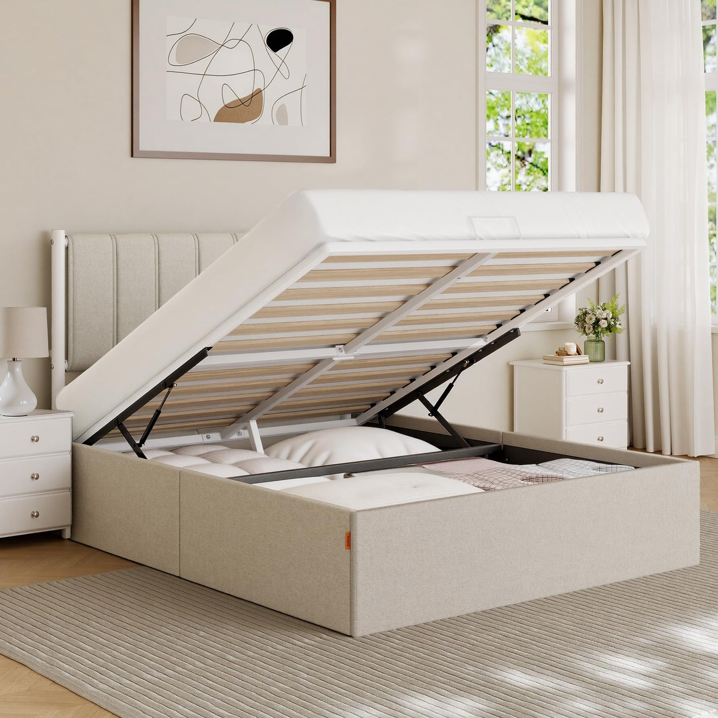 VASAGLE Lift Up Storage Bed Frame Full Size, Hydraulic Platform Bed, with Upholstered Headboard, 1100 lb Weight Capacity, No Box Spring Needed, Easy Assembly, Modern, Cappuccino Beige URMB602W01V1
