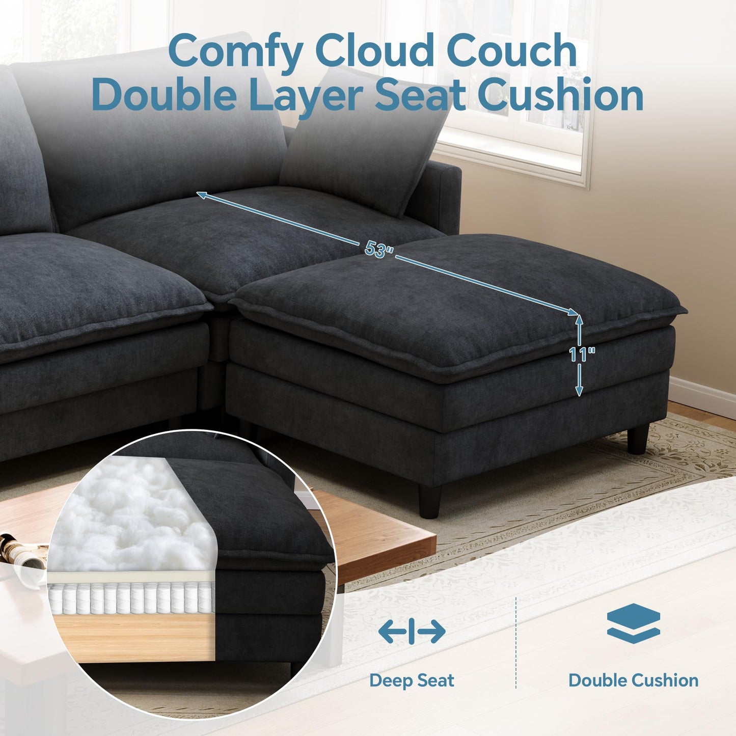 FAVSH 102'' L-Shaped Modular Sectional Sofa, 3-Seater Cloud Couch with Movable Ottoman, Deep Seat Chenille Upholstery, USB & Type-C Charging, Foldable Side Table for Living Room Apartment, Dark Gray