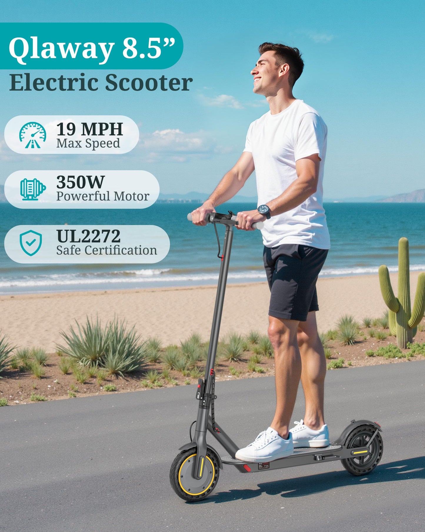 Qlaway Adult Electric Scooter with 350W Motor, 8.5" Solid Tires, Max Speed 19 MPH and 22 Miles Long-Range Portable Portable E-Scooter(Double Braking System & App)