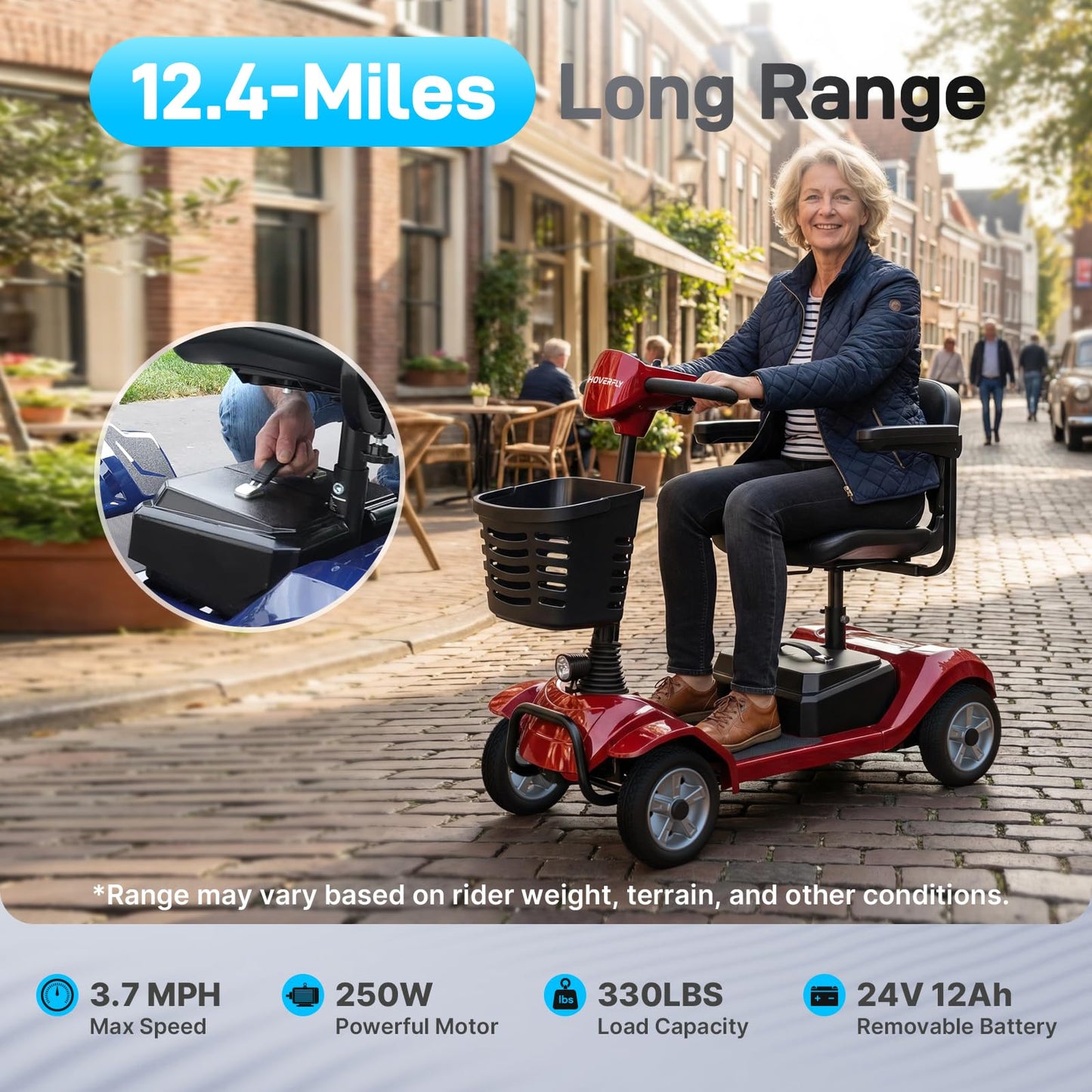 Hoverfly T4 Mobility Scooter for Seniors, Max 12.4-Mile Range & 3.7 mph, 3-Position Seat & Anti-slip Rear Wheel, Removed Battery&Quick Fold Design, Solid 9" Tire &330 lb Capacity, Ease of Assembly Red