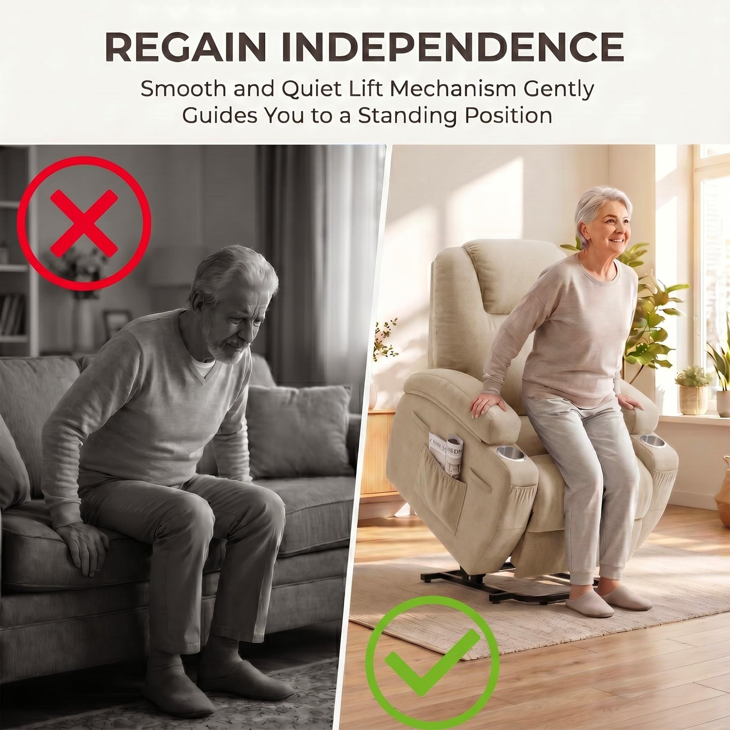 Flamaker Power Lift Chair Massage Recliner Chairs for Elderly - Ergonomic Design with Cup Holders & Side Pockets, Remote Control (Beige)