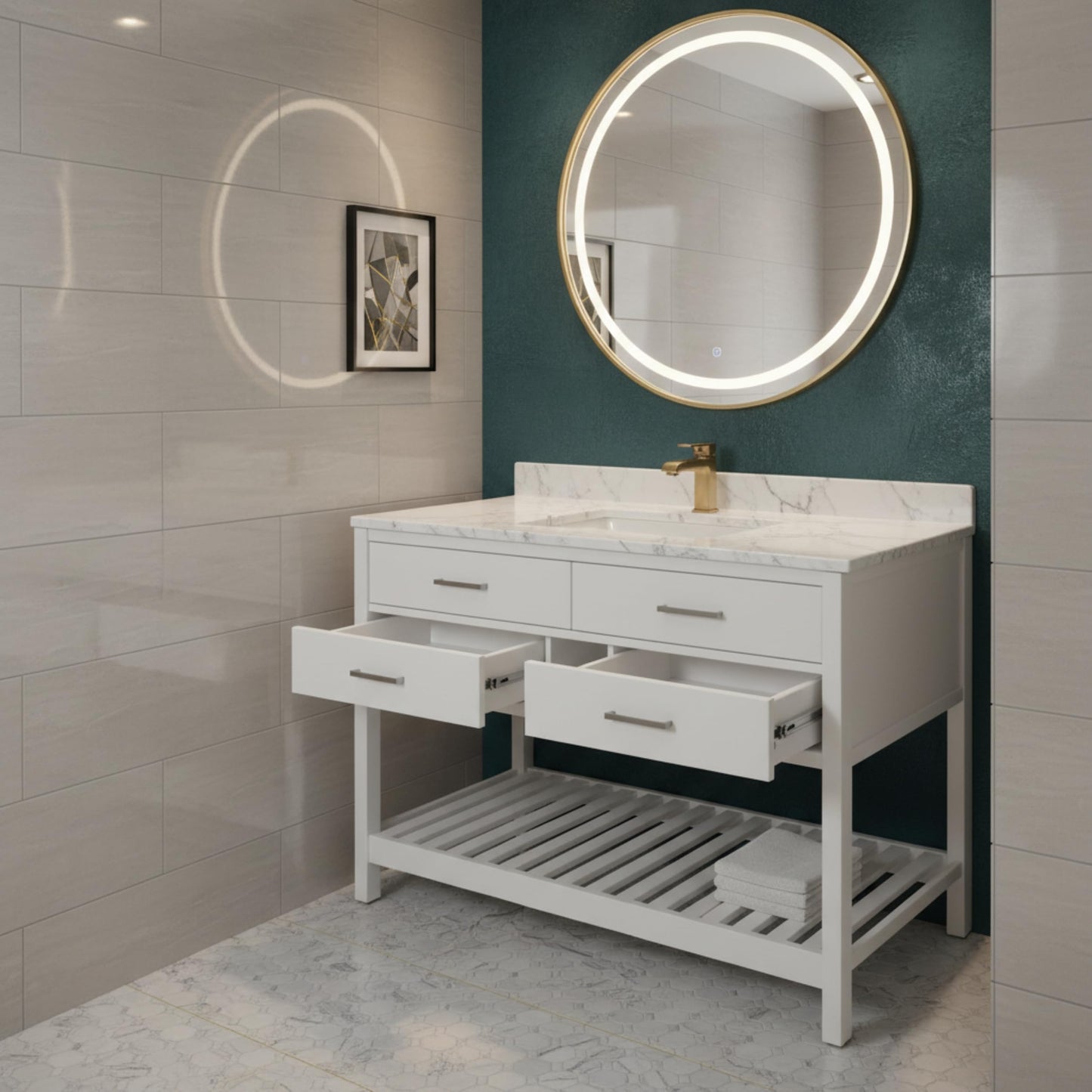 Harrison 48 in. W Vanity Cabinet Only, Bathroom Storage with Two Soft Close Drawers and Slatted Shelf, Nickel Hardware, Adjustable Height Levelers, Solid Pine Wood Construction, White