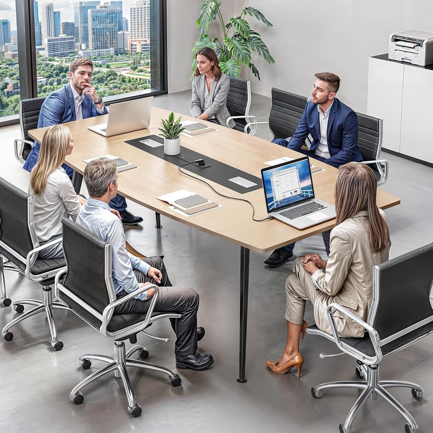 YITAHOME 6FT Conference Table with Power Outlets, 70.8 Inches Boat Shaped Meeting Table with Rectangle Grommet, Modern Seminar Table for Office Conference Room, Boardroom Desk, Light Wood Grain