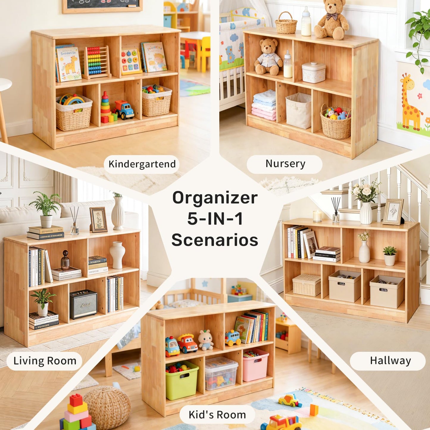 WINGYZ Rubber Wood Montessori Bookshelf, 5-Section Wooden Storage Cabinet, 2 Shelf Bookcase Toy Storage Organizer, 35.4" L Montessori Shelf for Kids Rooms Playroom Nursery Classroom Daycare Furniture