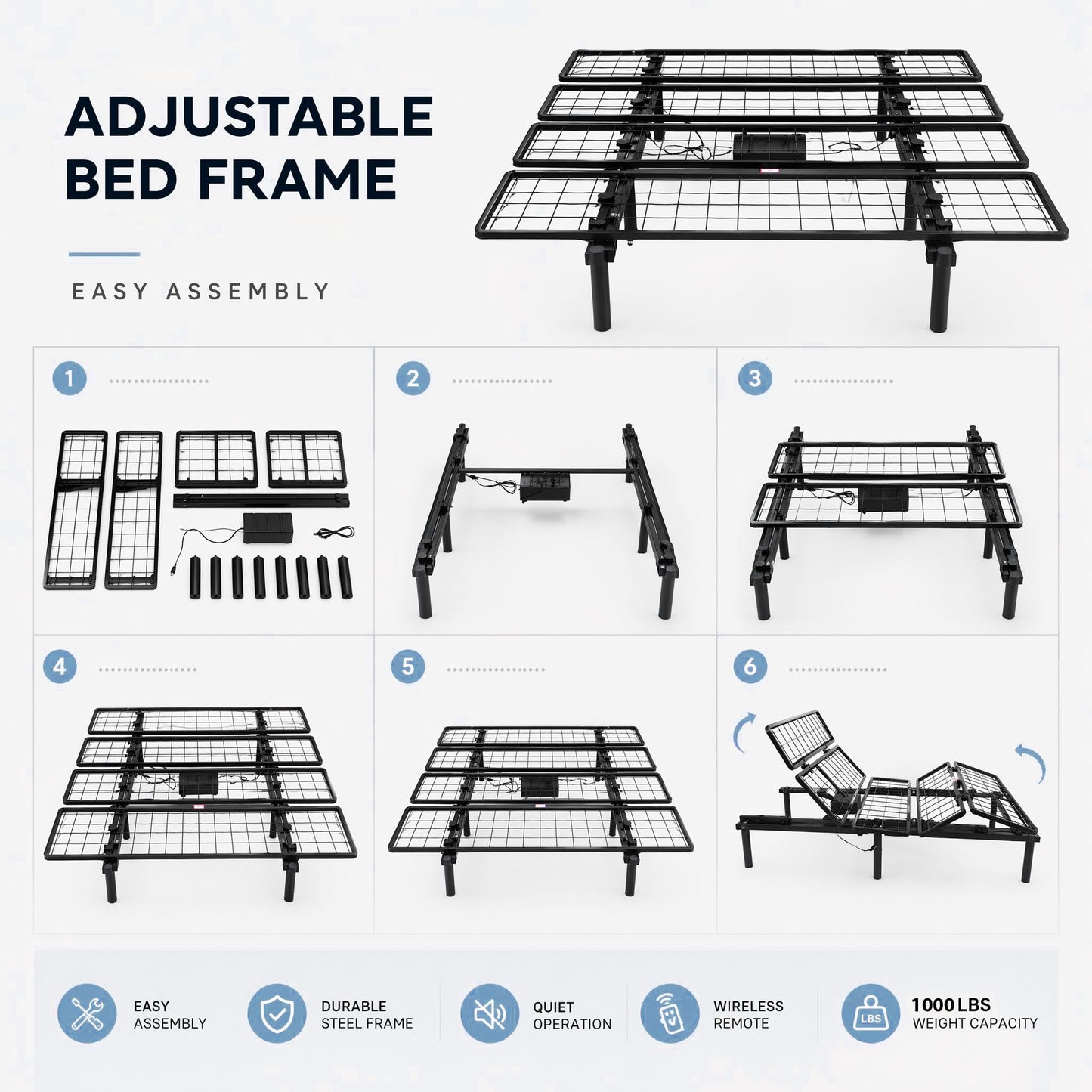 Electric Bed Frame with Remote, Adjustable Head & Foot, 1000 Lb Base, Queen