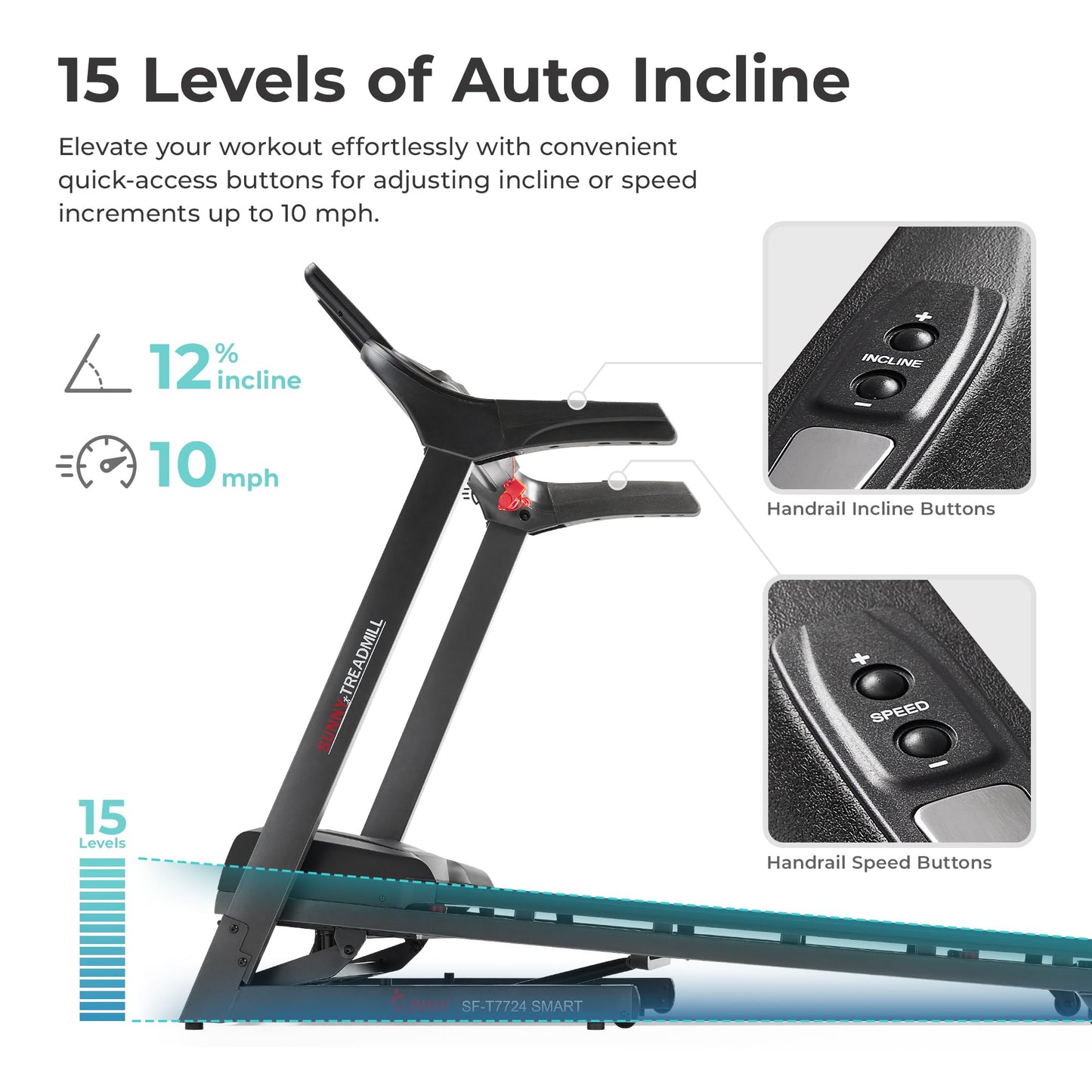 Sunny Health & Fitness Energy Flex Motorized Auto Incline Smart Treadmill, Shocks, Wide Running Belt, Digital Display, Pulse Sensors, and SunnyFit App Enhanced Bluetooth Connectivity - SF-T7724SMART