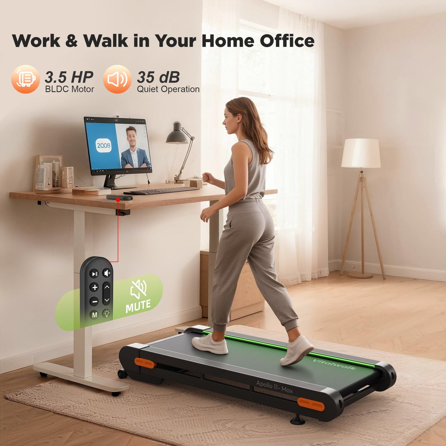 Vitalwalk Walking Pad Treadmill with Incline, 43"x18" Wide Full Deck, Auto Incline, Portable Under Desk Treadmills for Home Office, 4-Way Mobility & Vertical Store, Heavy Duty, APP, Grey, Extra Large